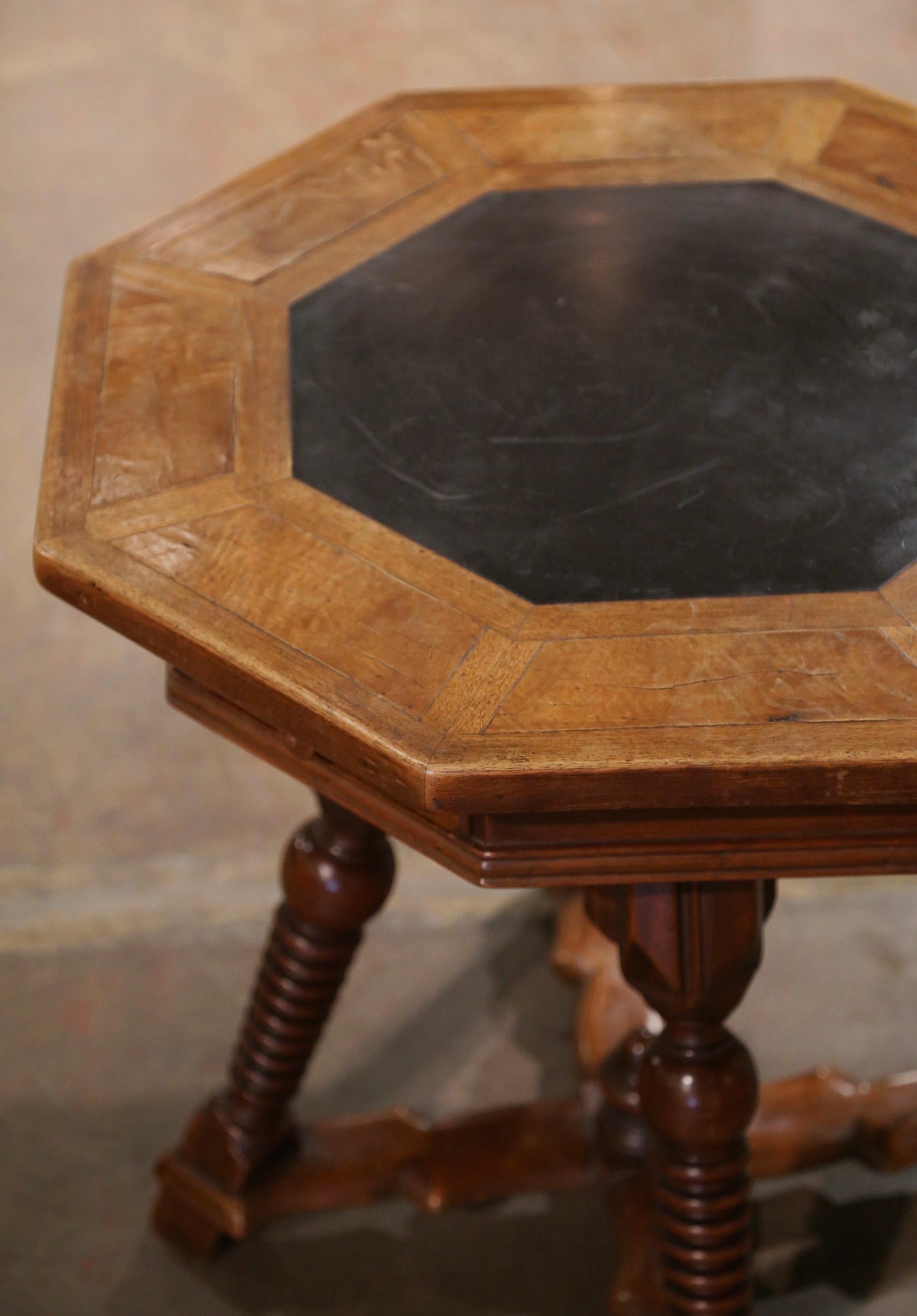 Louis XIII 19th Century French Octagonal Carved Walnut Marquetry Side Table with Slate Top For Sale