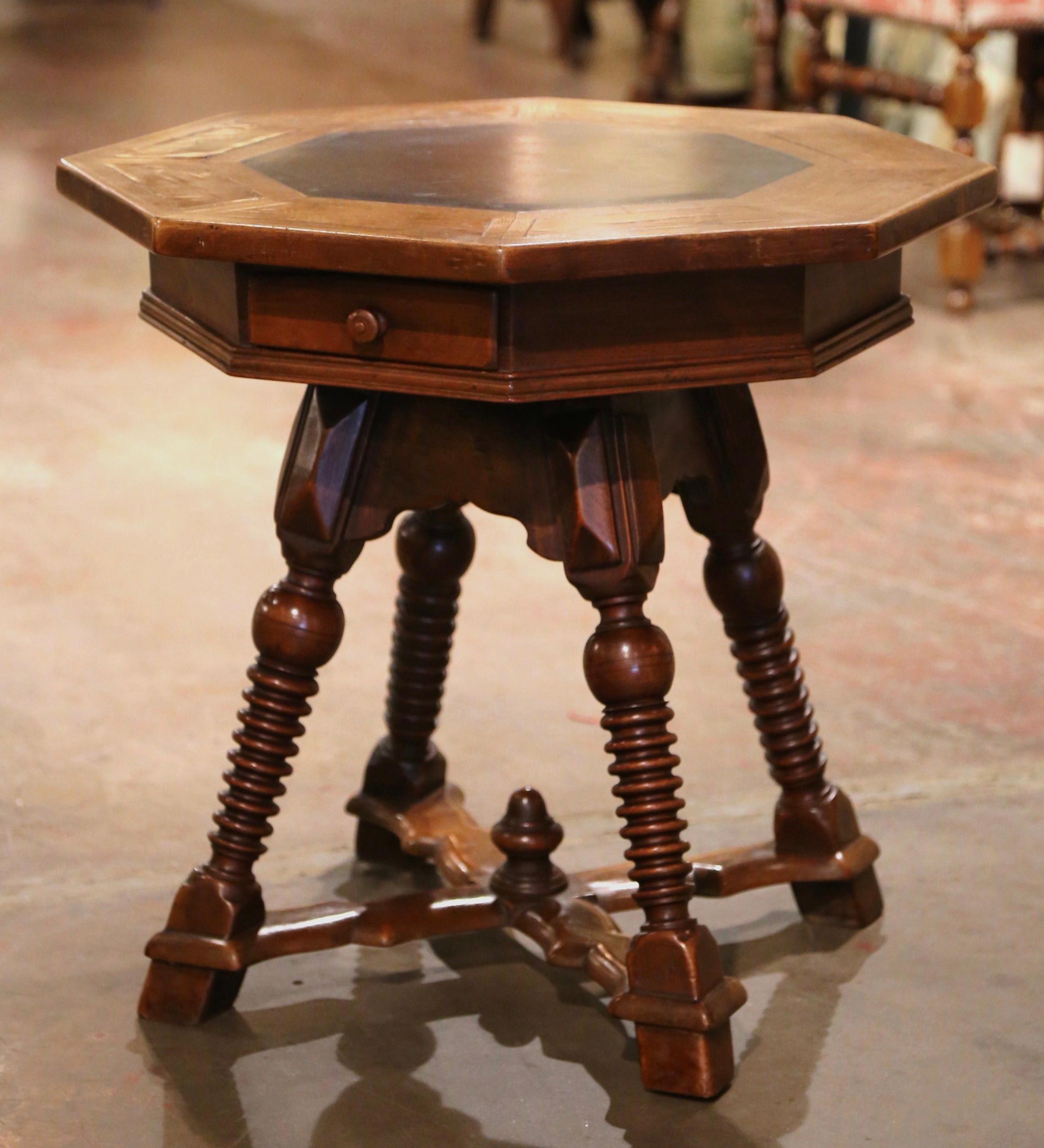 19th Century French Octagonal Carved Walnut Marquetry Side Table with Slate Top In Excellent Condition For Sale In Dallas, TX