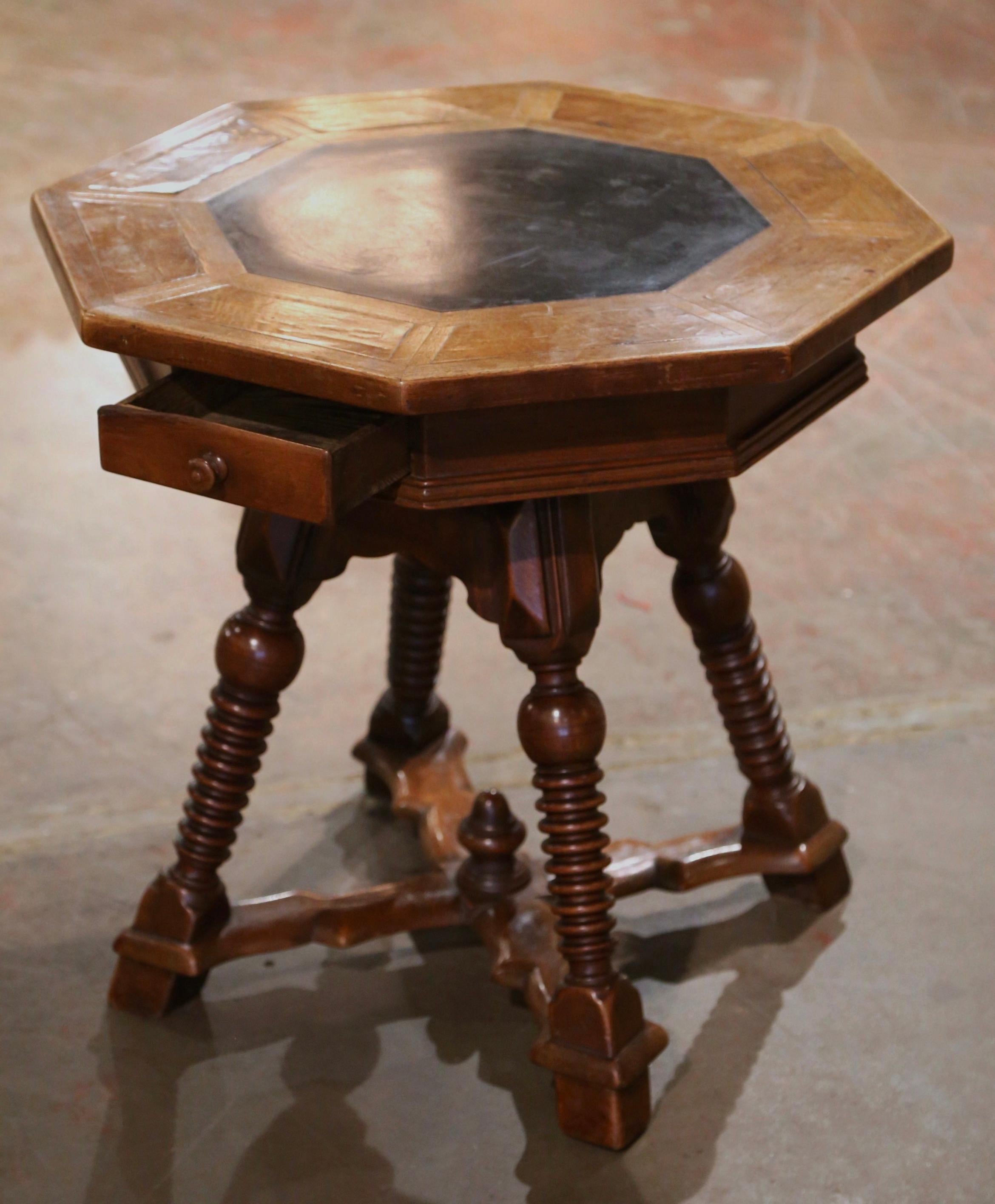 19th Century French Octagonal Carved Walnut Marquetry Side Table with Slate Top For Sale 1