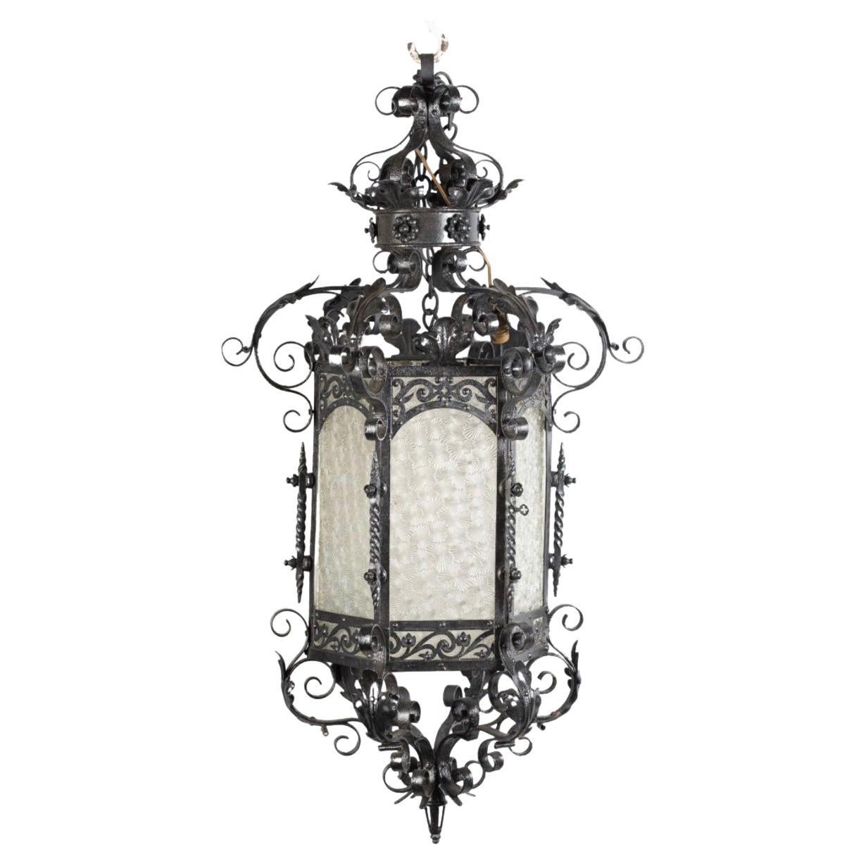 19th Century French Octagonal Lantern in Black Patinated Hand Carved Iron For Sale