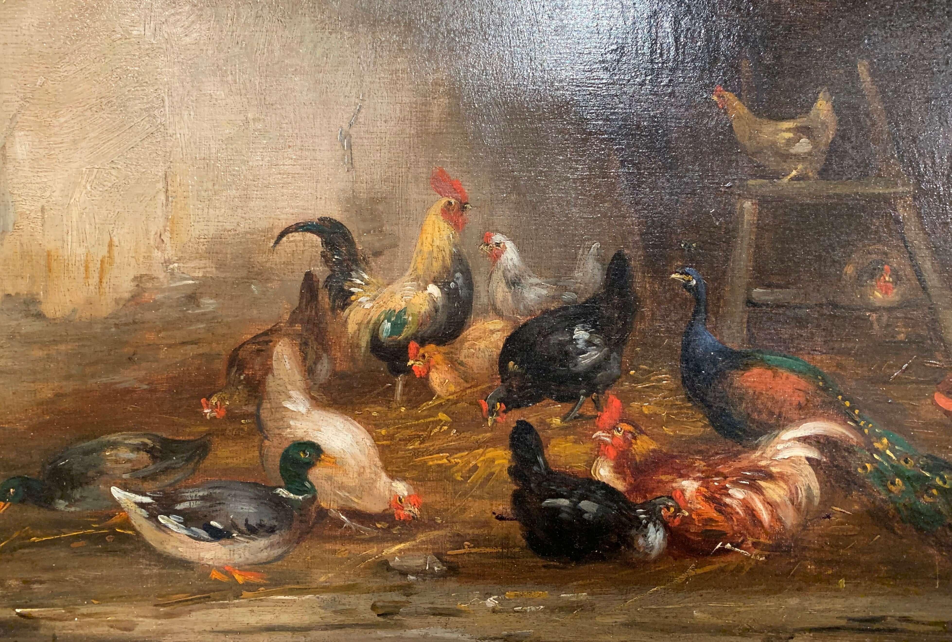 19th Century French Oil Chicken Painting in Gilt Frame Signed C. Guilleminet In Excellent Condition In Dallas, TX