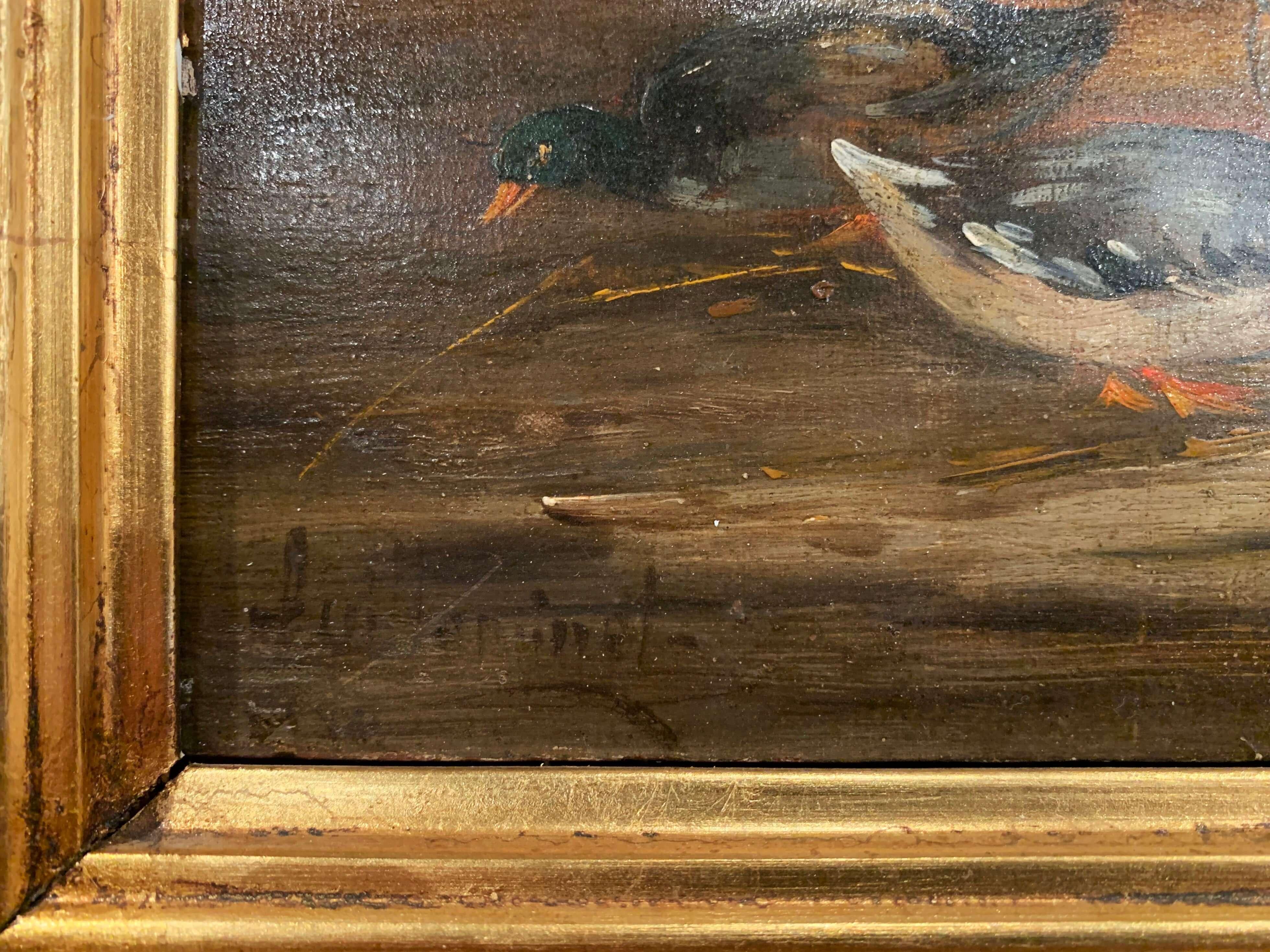 Canvas 19th Century French Oil Chicken Painting in Gilt Frame Signed C. Guilleminet