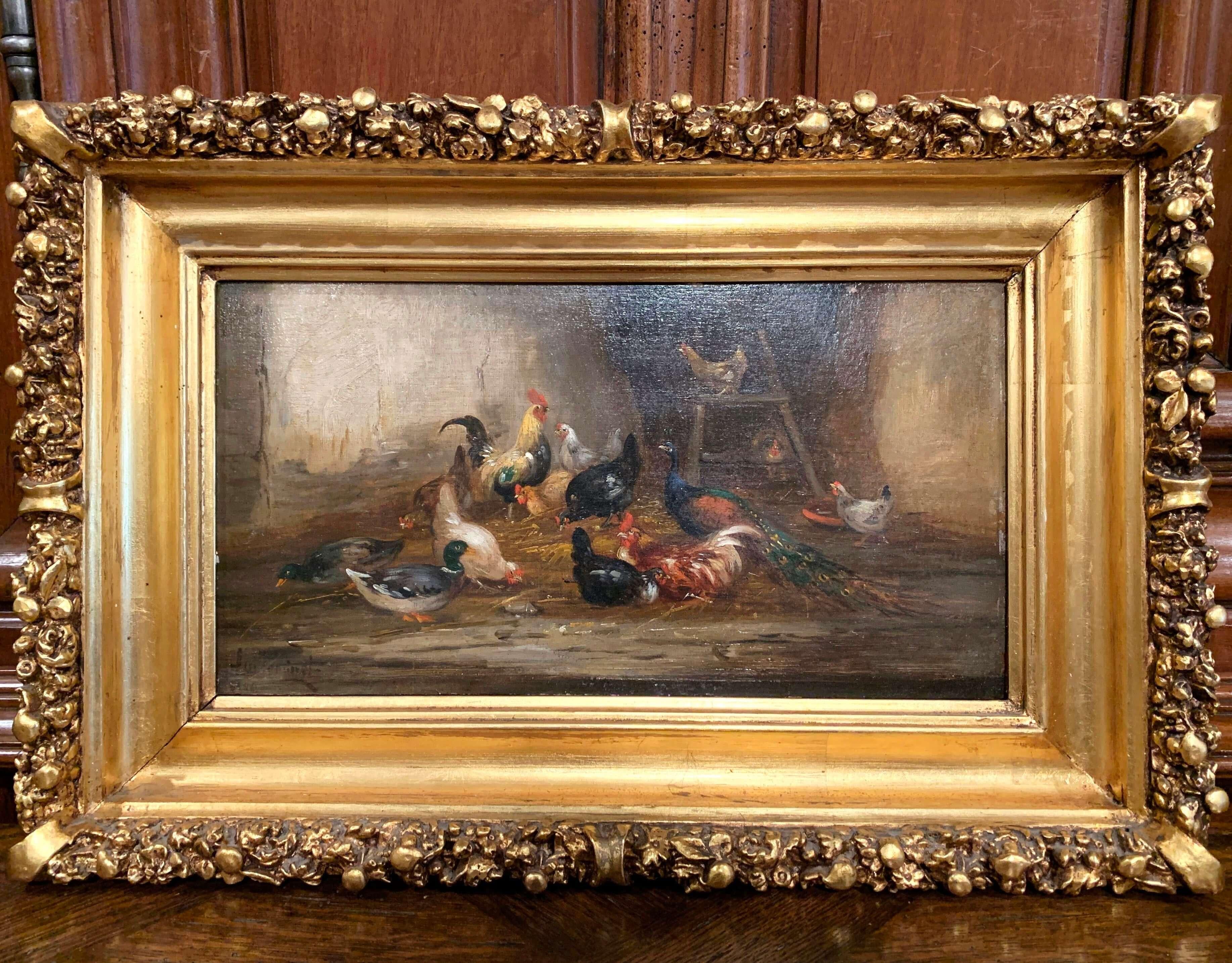19th Century French Oil Chicken Painting in Gilt Frame Signed C. Guilleminet 1