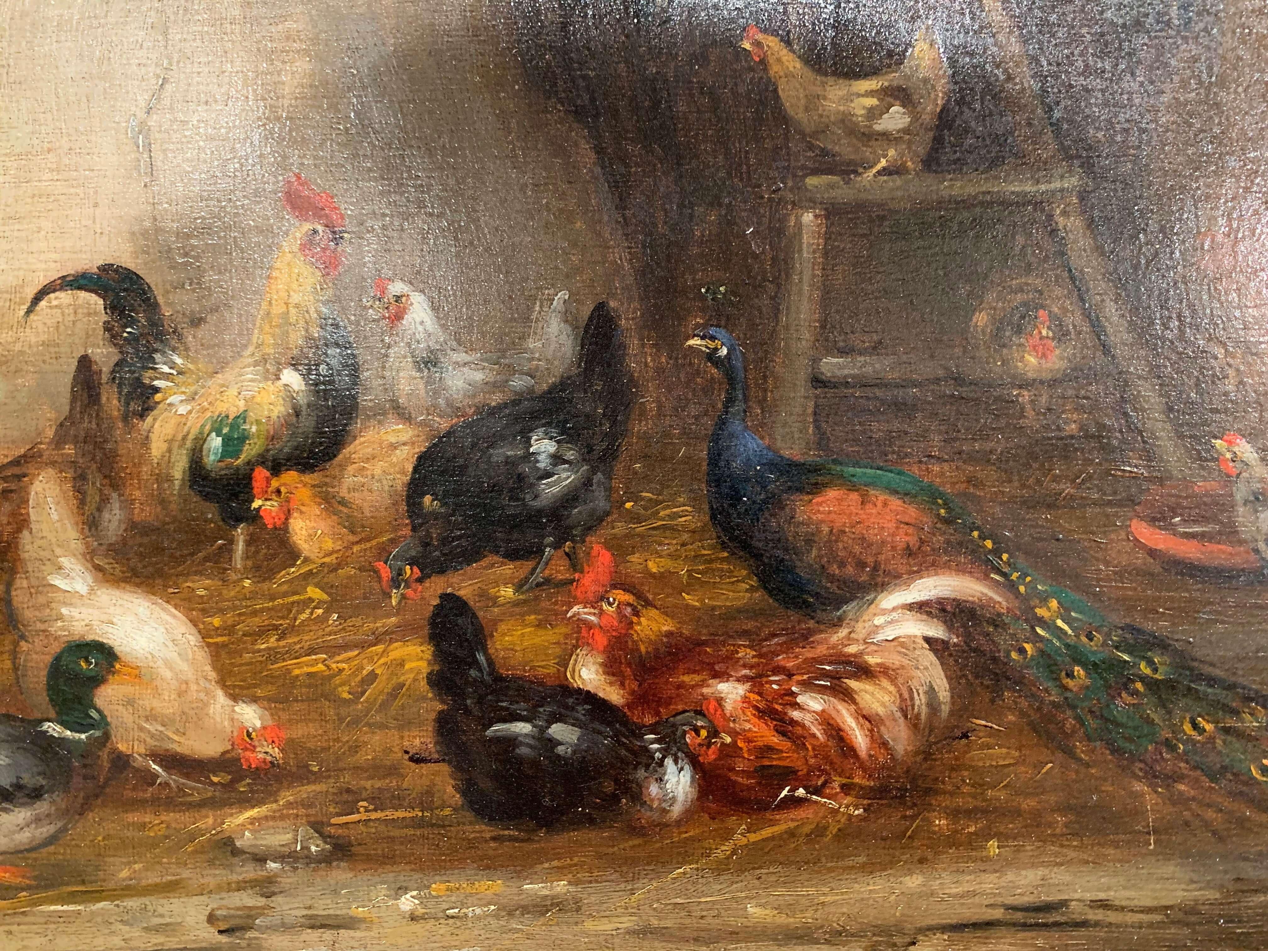 19th Century French Oil Chicken Painting in Gilt Frame Signed C. Guilleminet 2