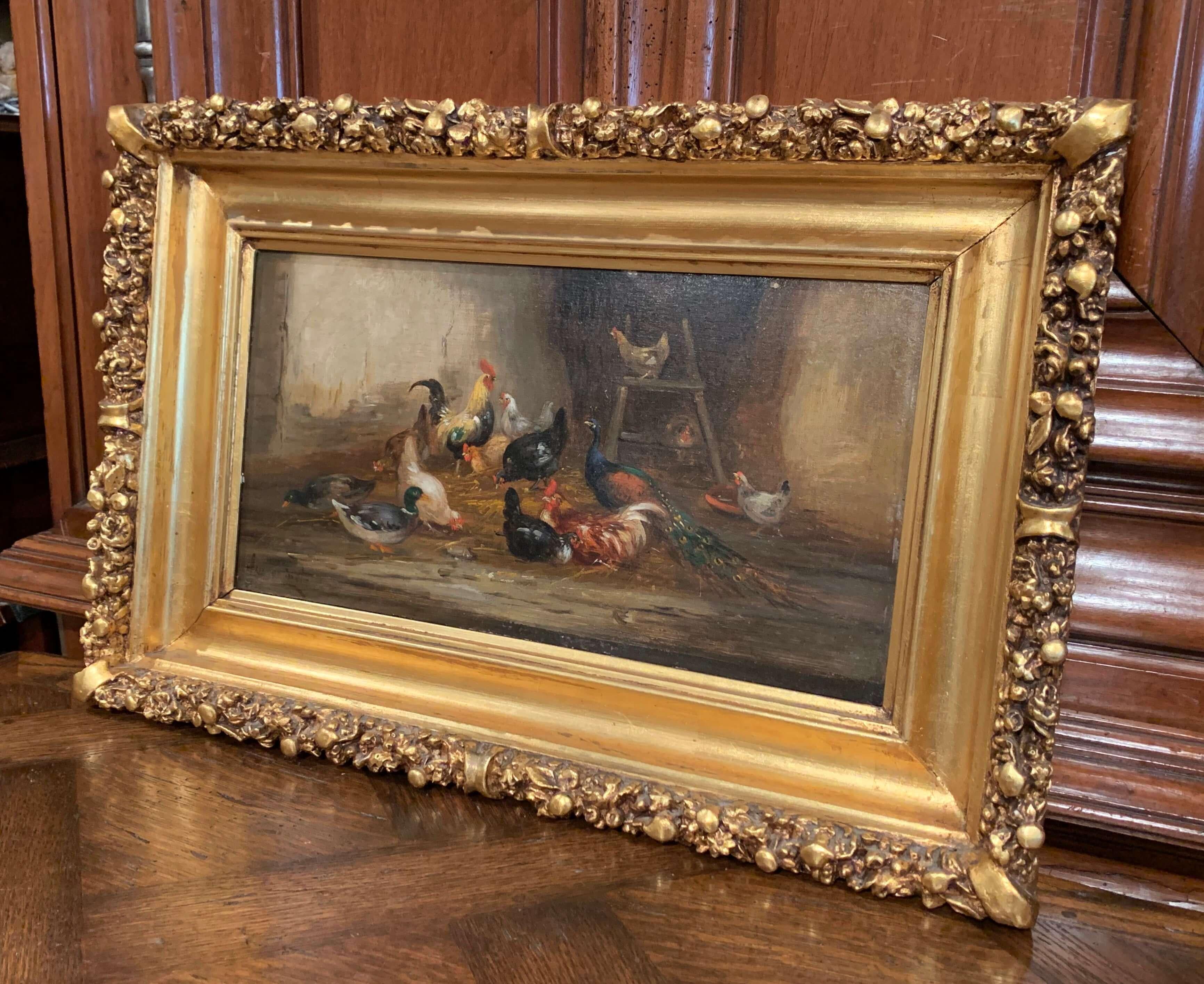 19th Century French Oil Chicken Painting in Gilt Frame Signed C. Guilleminet 3