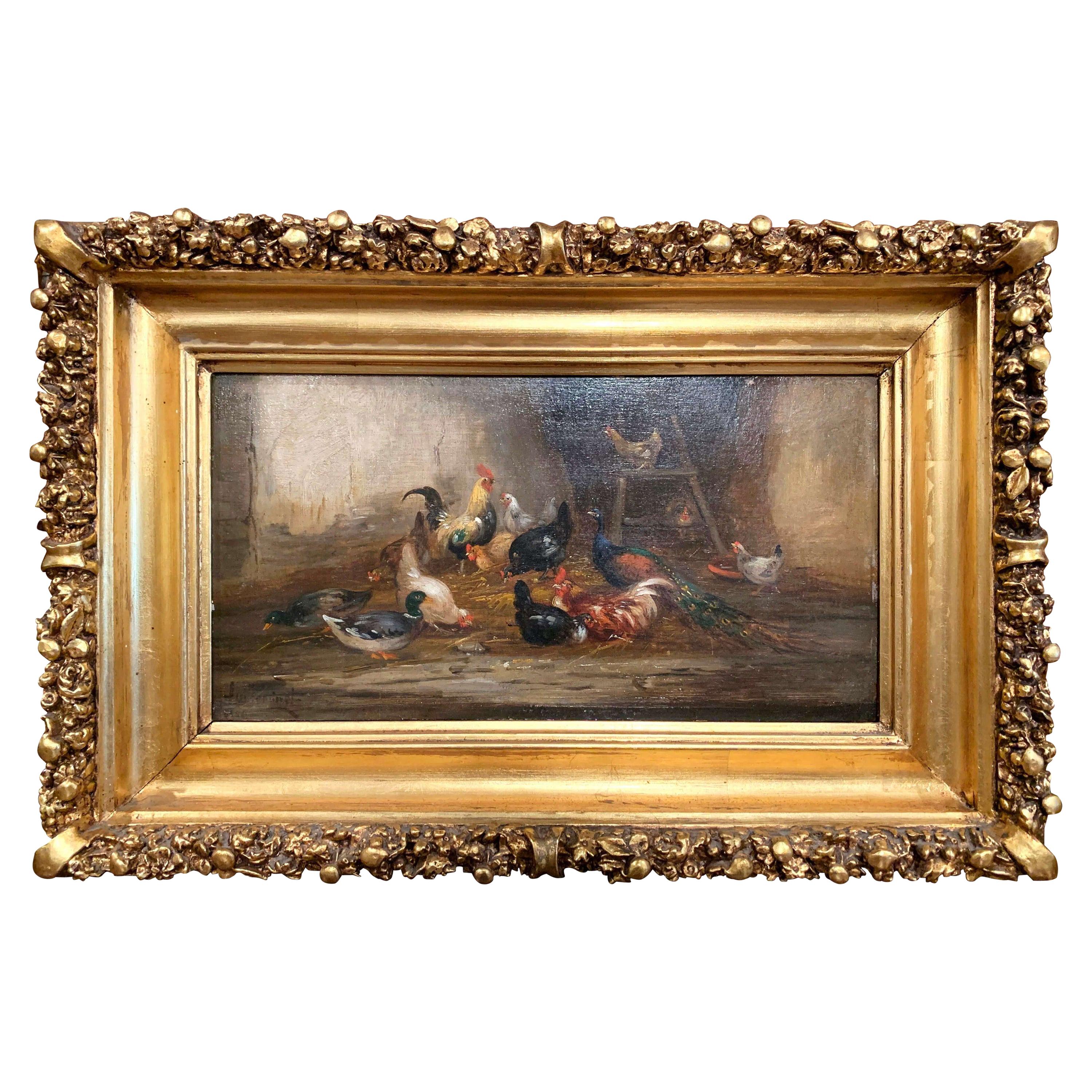 19th Century French Oil Chicken Painting in Gilt Frame Signed C. Guilleminet