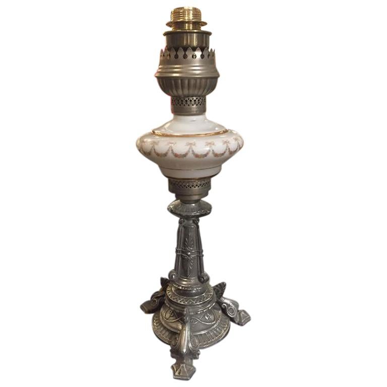 19th Century French Oil Lamp with Opaline Glass Converted into Electric Lamp For Sale
