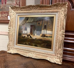 19th Century French Oil on Board Chicken Painting in Carved Gilt Frame
