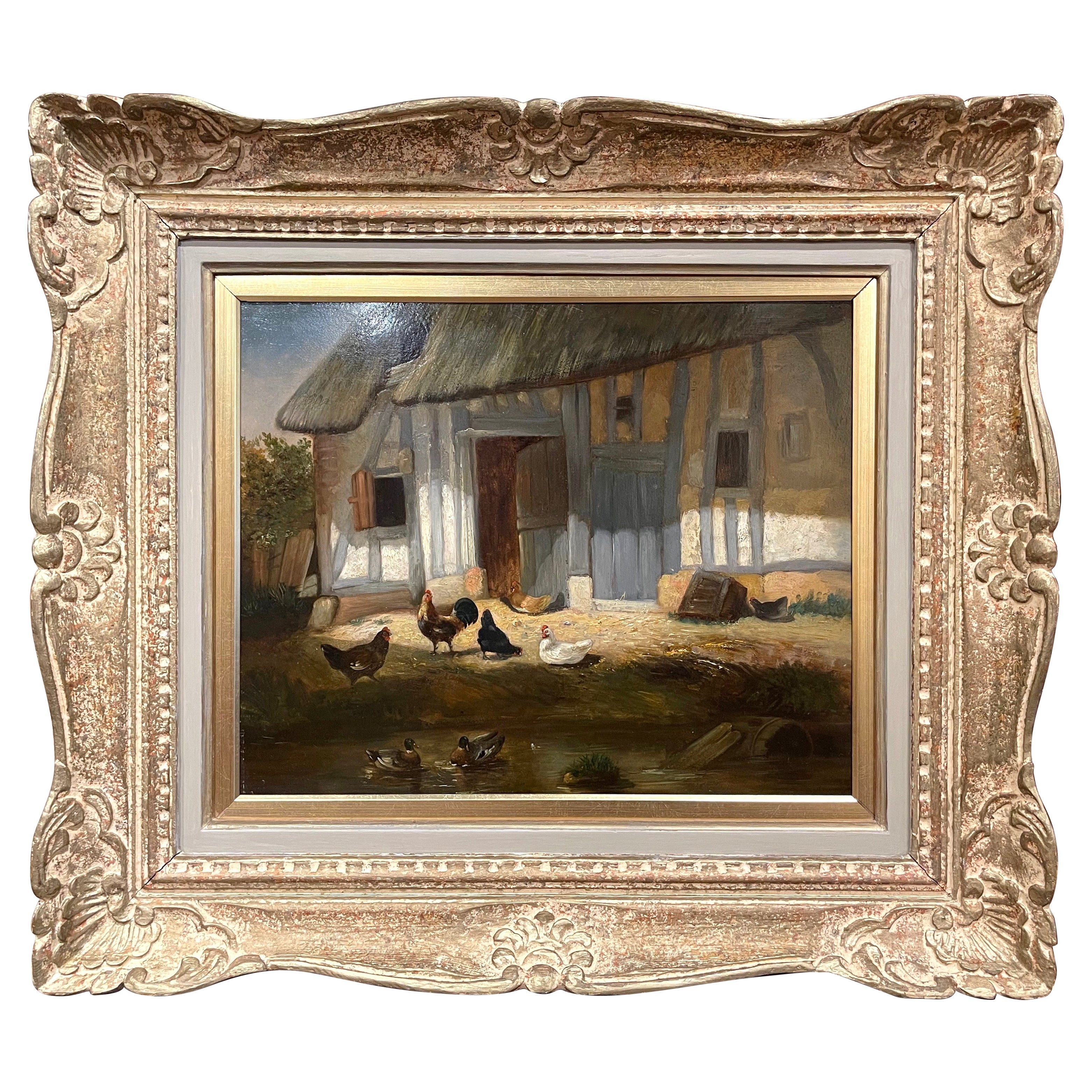 19th Century French Oil on Board Chicken Painting in Carved Gilt Frame