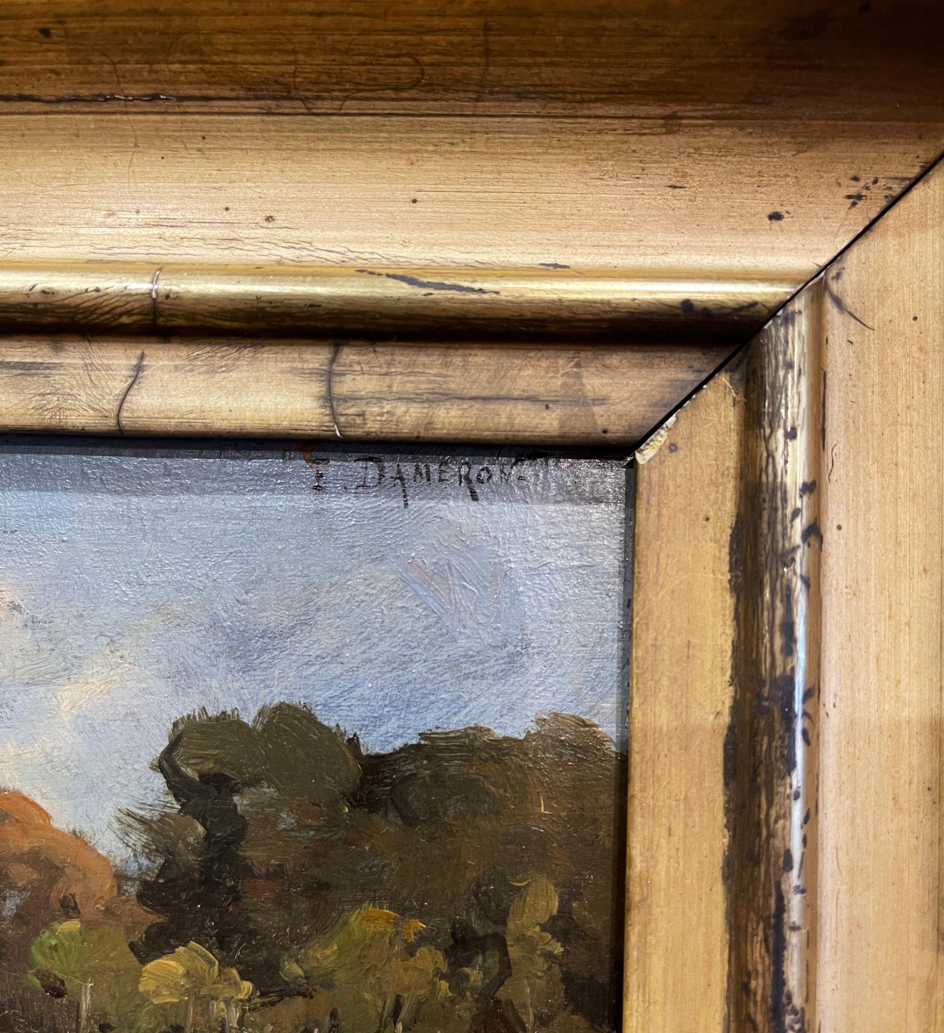 Carved 19th Century French Oil on Board Landscape Painting Signed E. Dameron