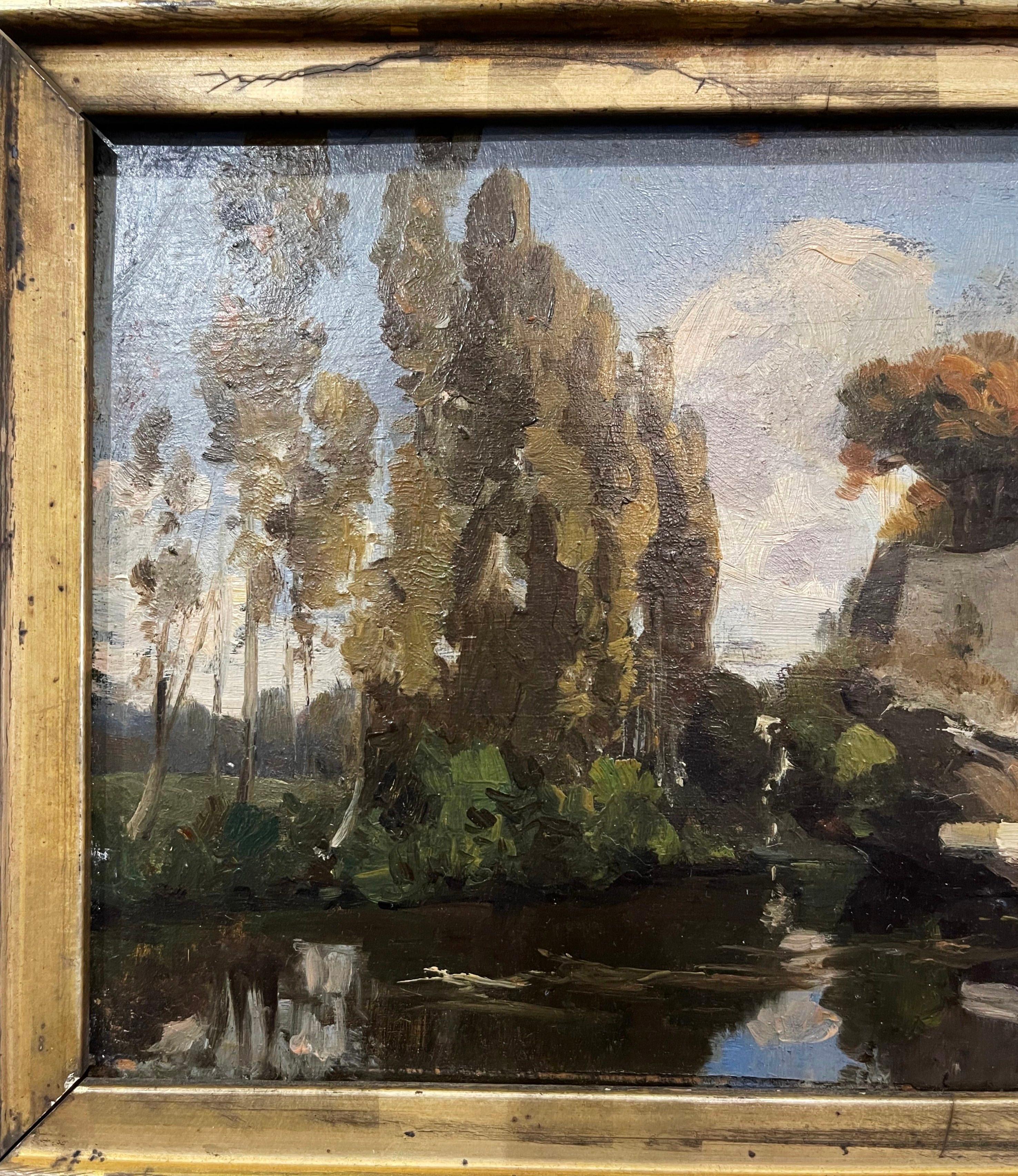 Wood 19th Century French Oil on Board Landscape Painting Signed E. Dameron