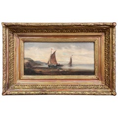 19th Century French Oil on Board Marine Scene Painting in Carved Gilt Frame