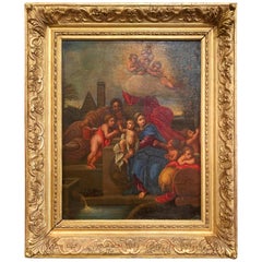 19th Century French Oil on Board Mary and Child Painting in Carved Gilt Frame