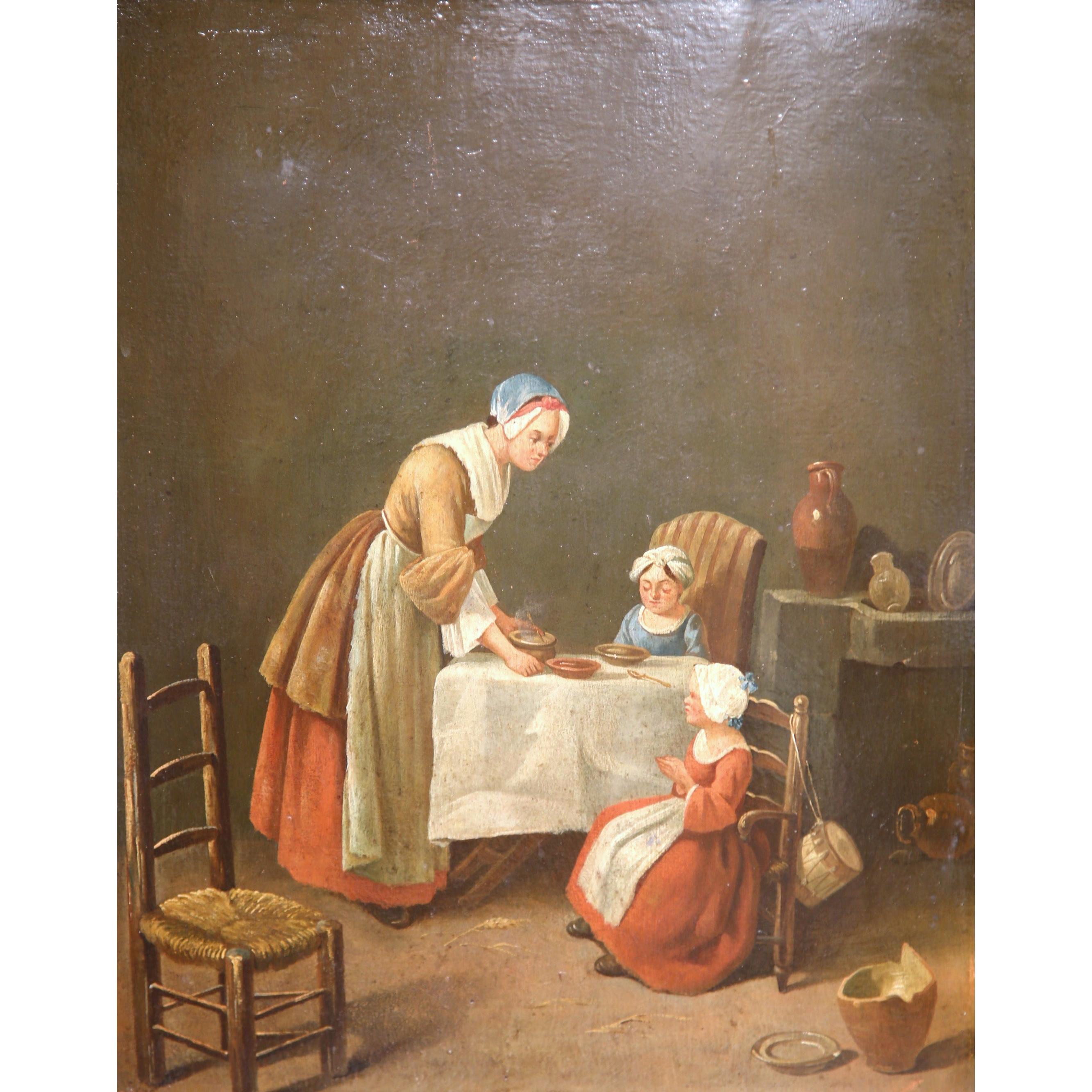 This beautiful antique oil on board painting was created in France circa 1830. Set inside its original gold leaf frame, the painting shows a humble peasant mother feeding breakfast to her two children after saying grace in the manner of Chardin. The