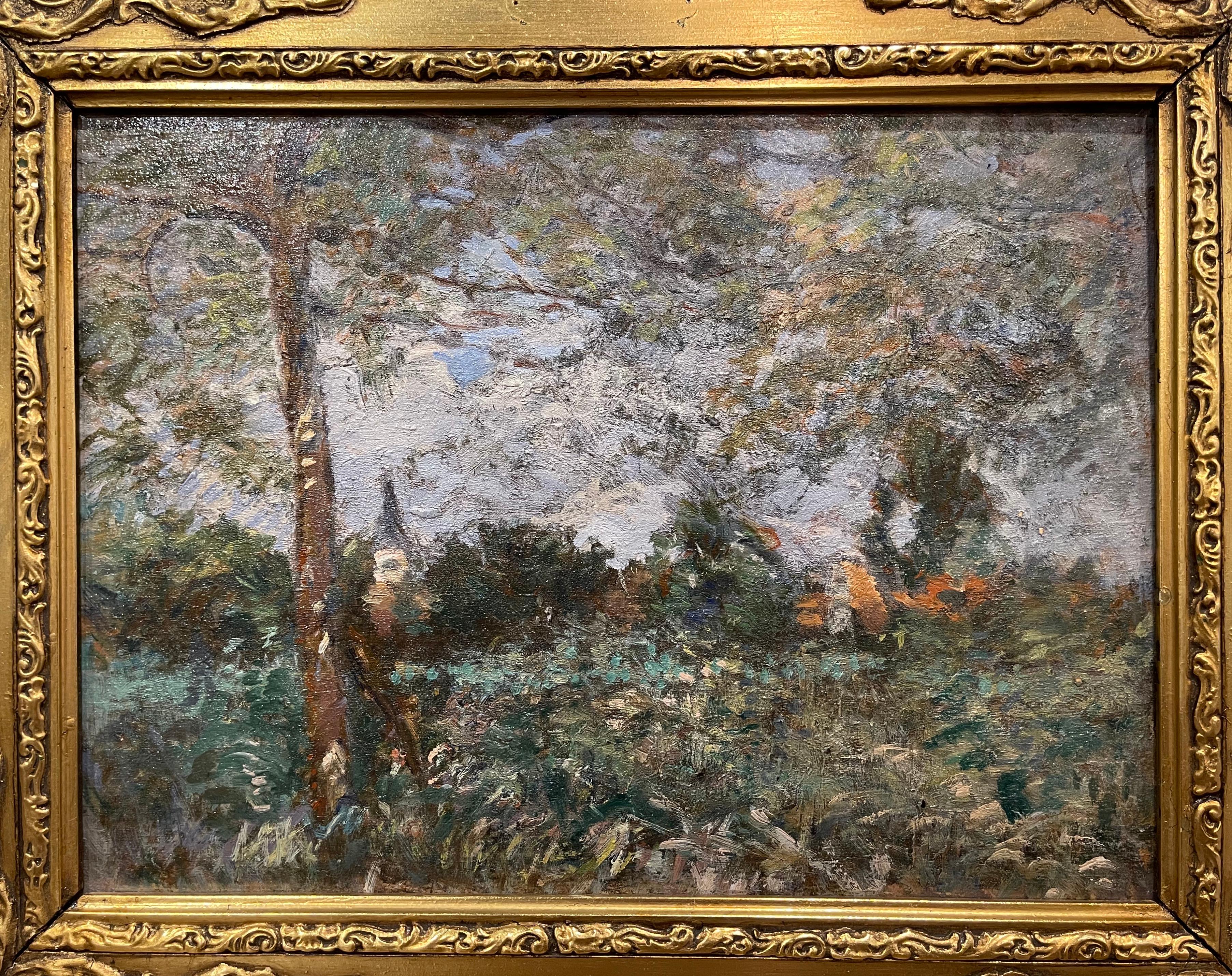 Painted on board and dressed on in the original carved gilt frame, the artwork depict a pastoral and landscape scene with village in the background, in the post-impressionist manner. Signed in the back H.D. Lemaitre, the antique painting is in