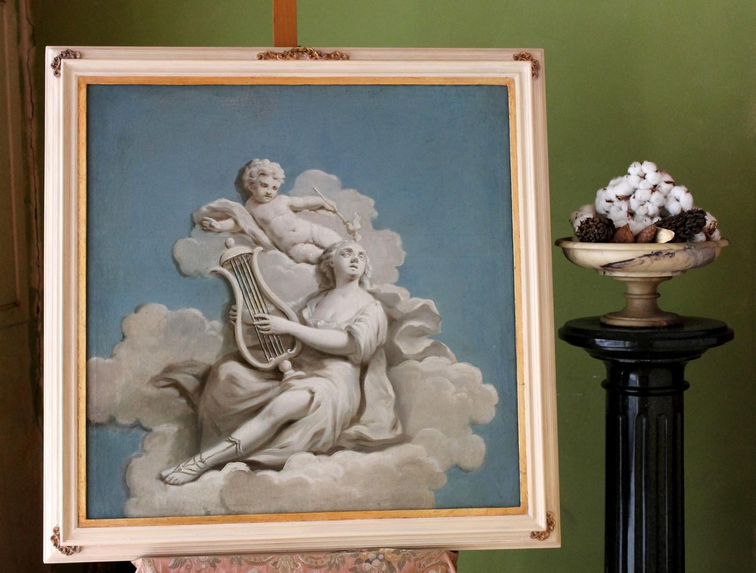 Gilt 19th Century French Oil on Canvas Allegoric Blue and White Painting with Cherub For Sale