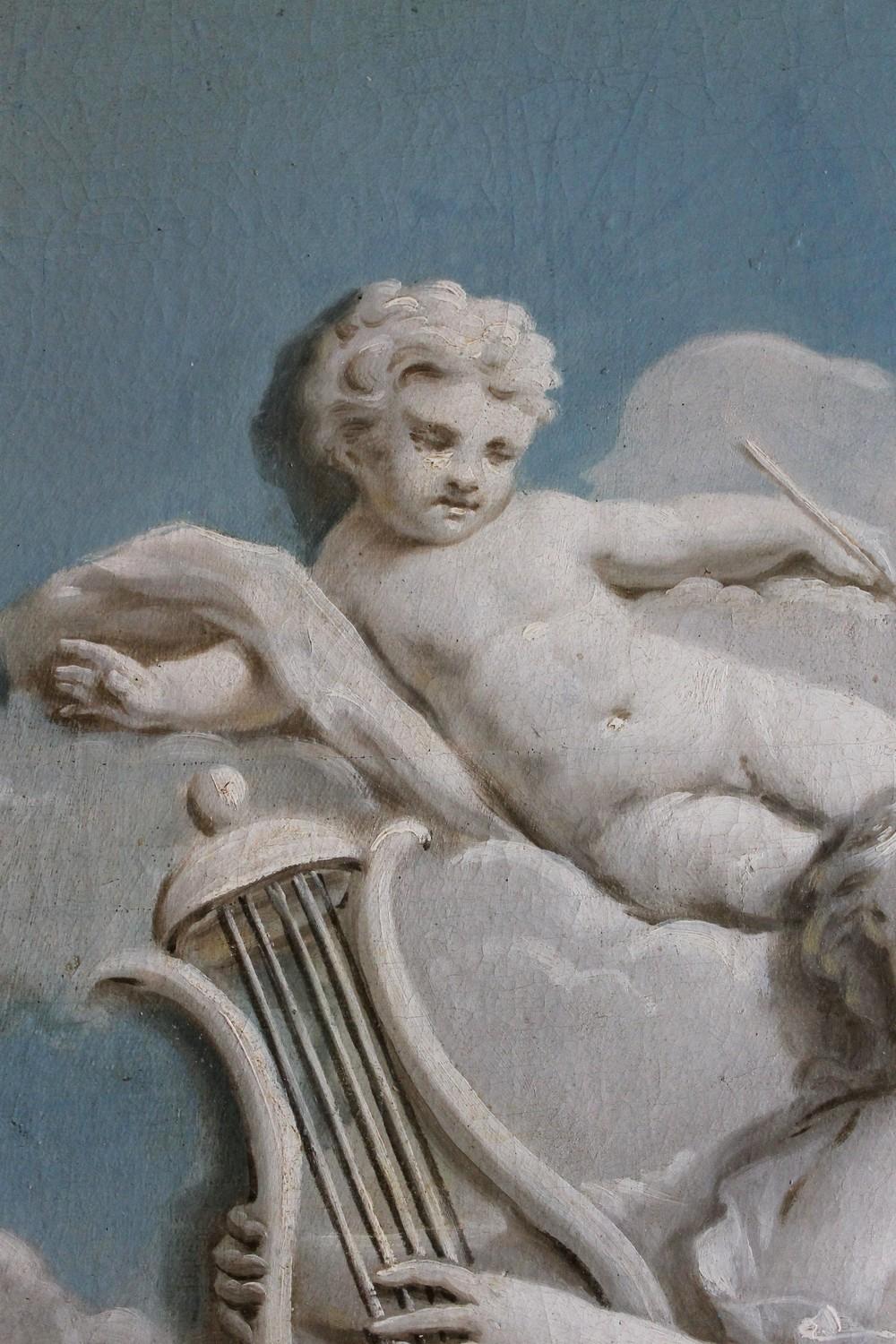 Wood 19th Century French Oil on Canvas Allegoric Blue and White Painting with Cherub For Sale