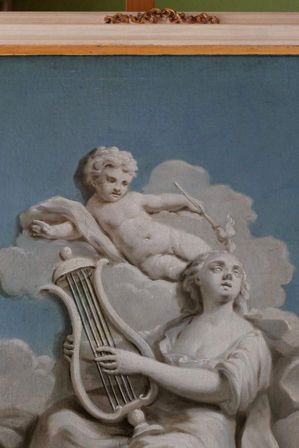 19th Century French Oil on Canvas Allegoric Blue and White Painting with Cherub For Sale 3