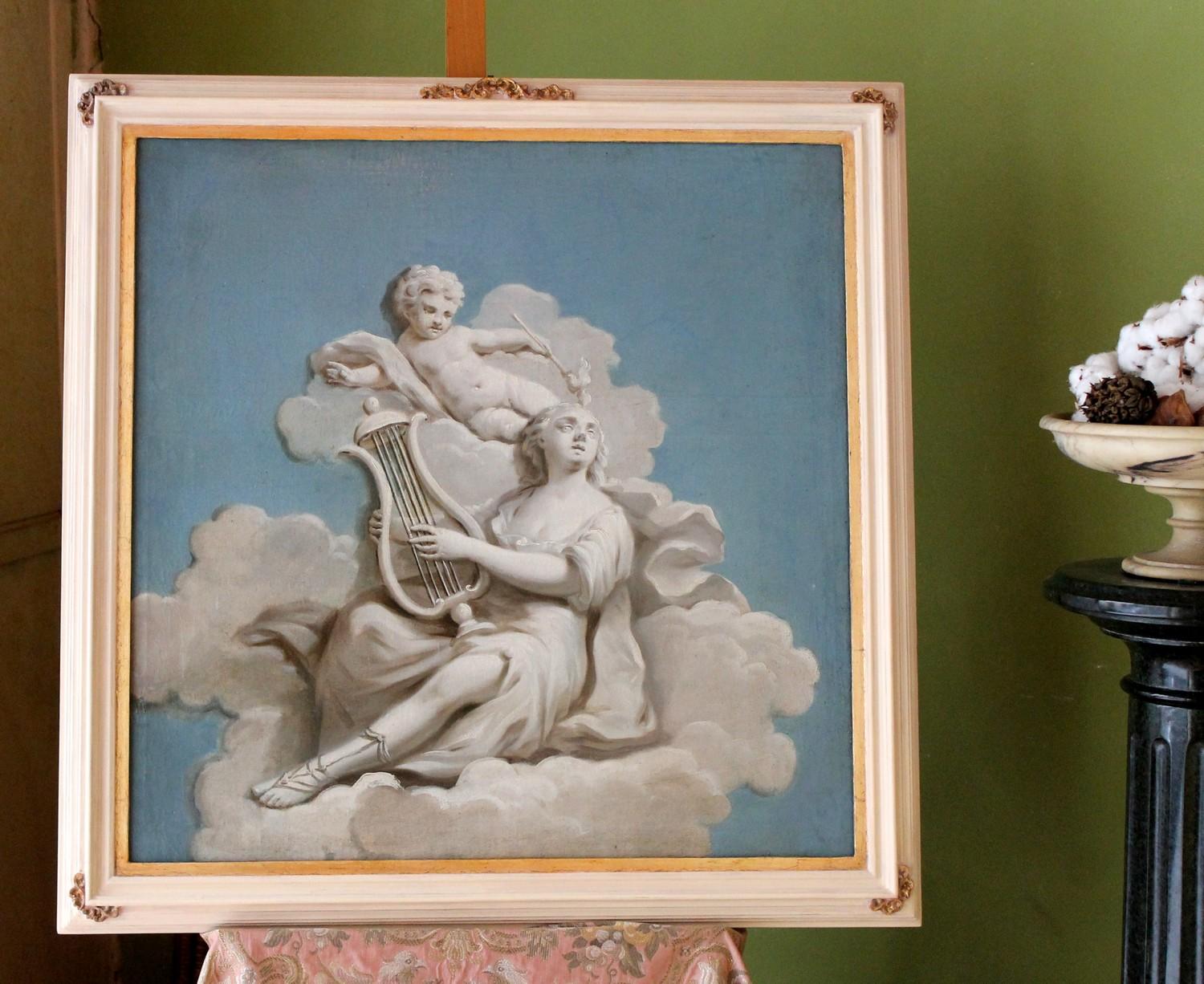 19th Century French Oil on Canvas Allegoric Blue and White Painting with Cherub For Sale 4