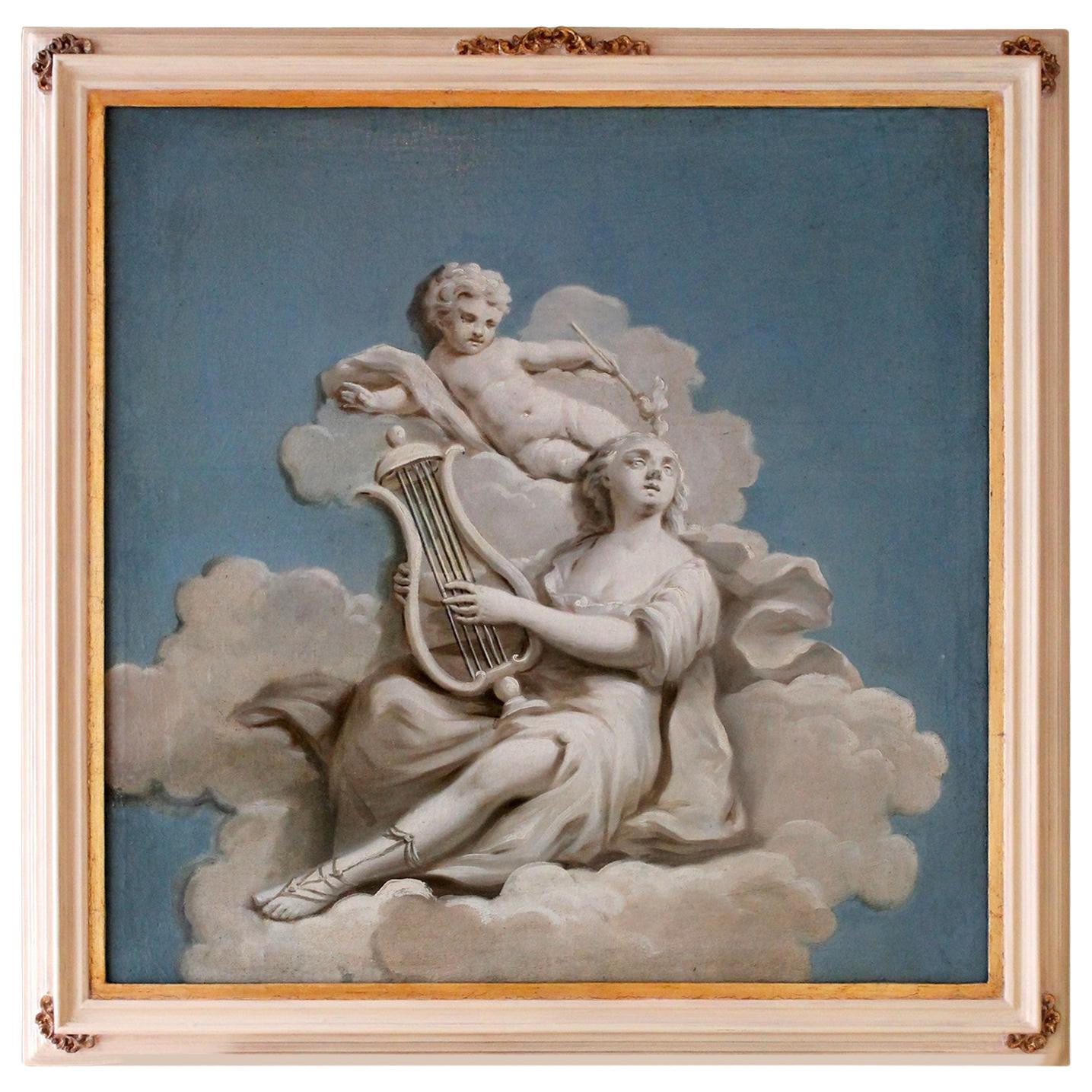 19th Century French Oil on Canvas Allegoric Blue and White Painting with Cherub For Sale