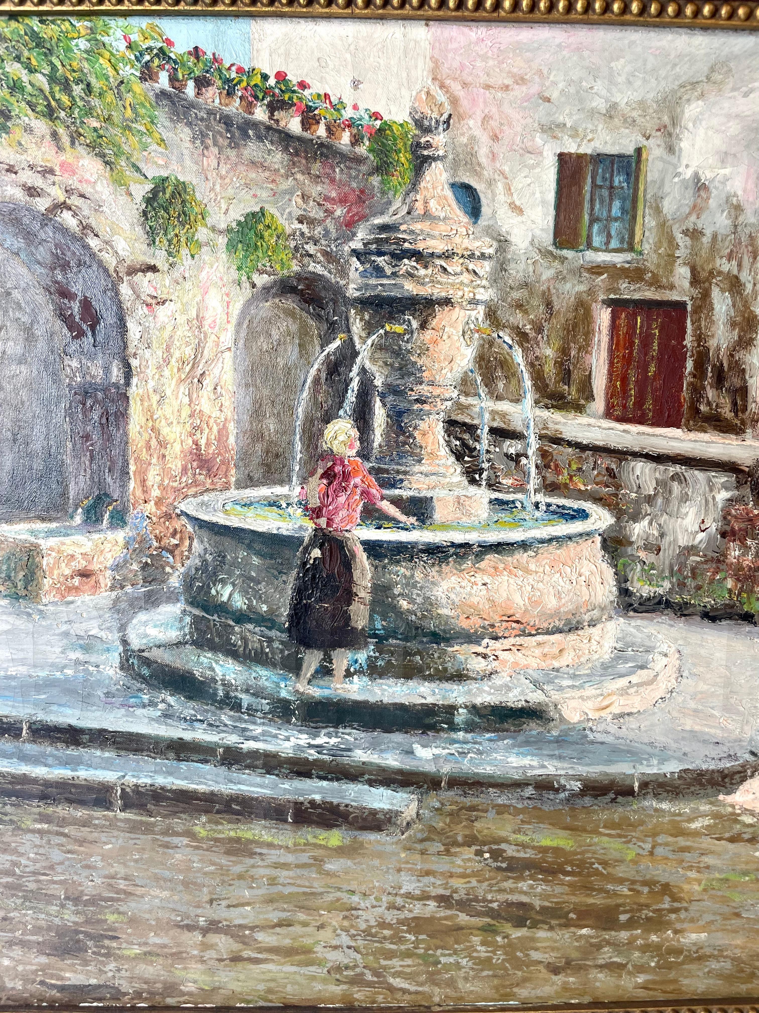 19th Century French Oil on Canvas “at the Fountain” For Sale 1