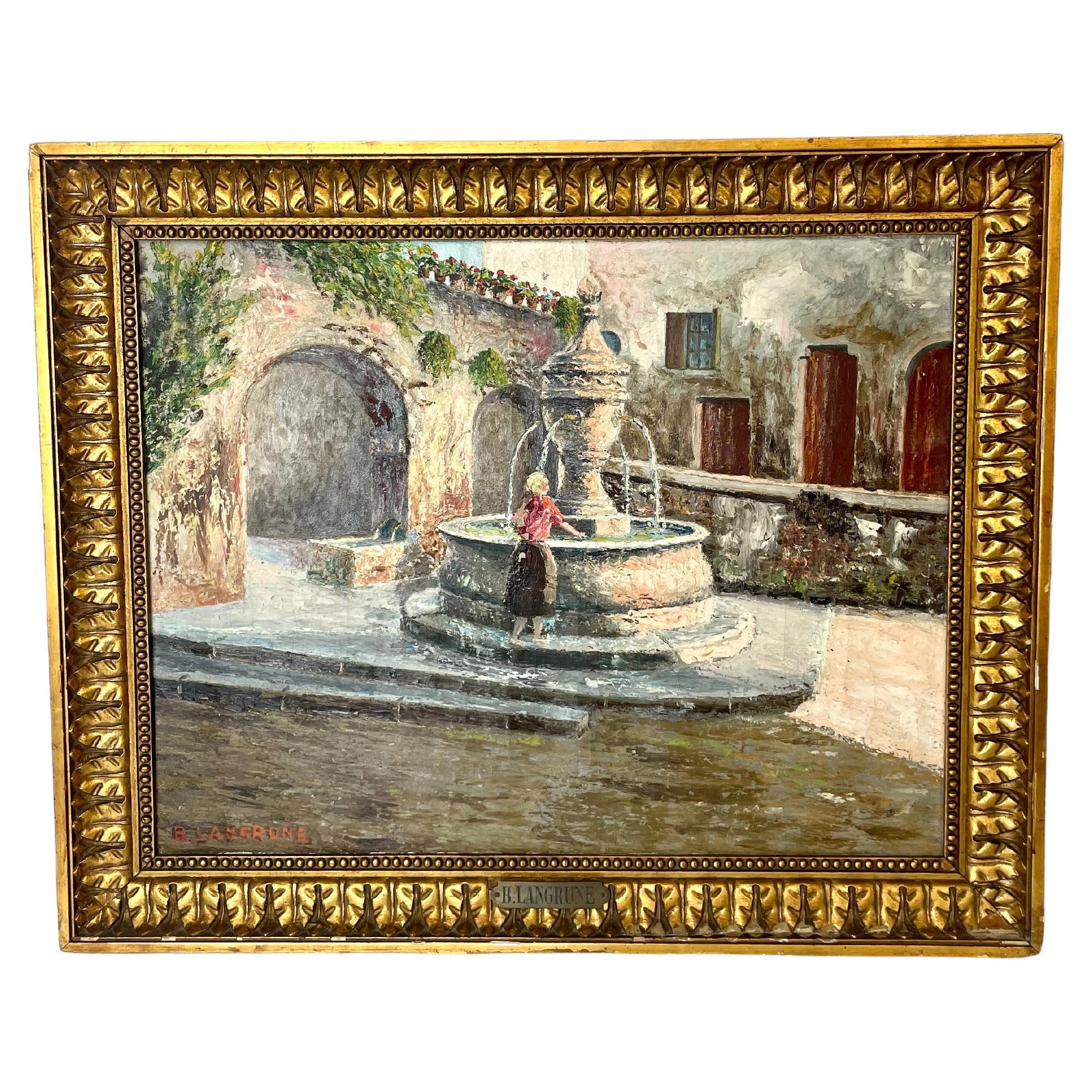 Huile sur toile française du 19e siècle A la fontaine