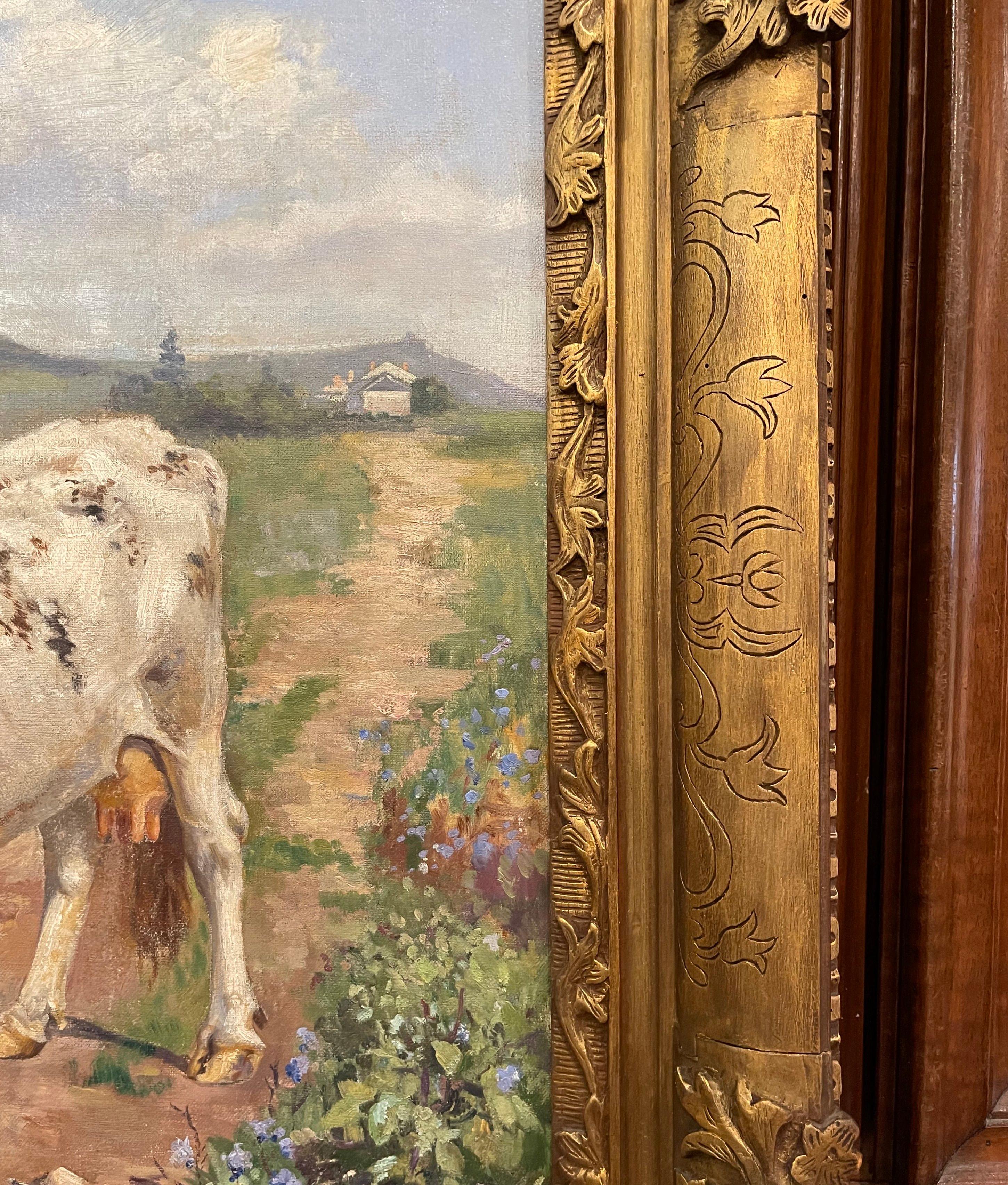 19th Century French Oil on Canvas Cow Painting in Carved Frame Signed Gregoire 8