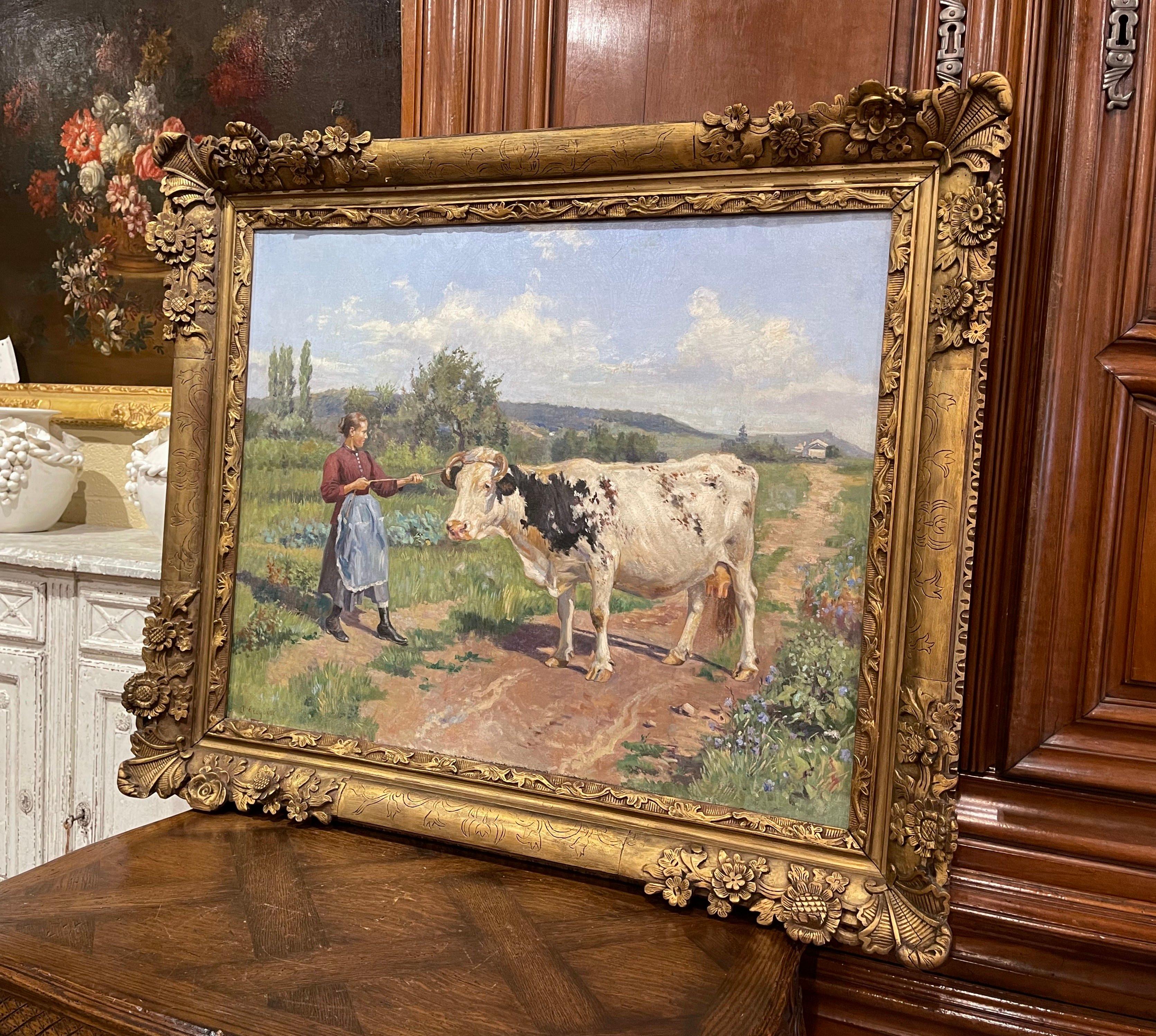 19th Century French Oil on Canvas Cow Painting in Carved Frame Signed Gregoire 2