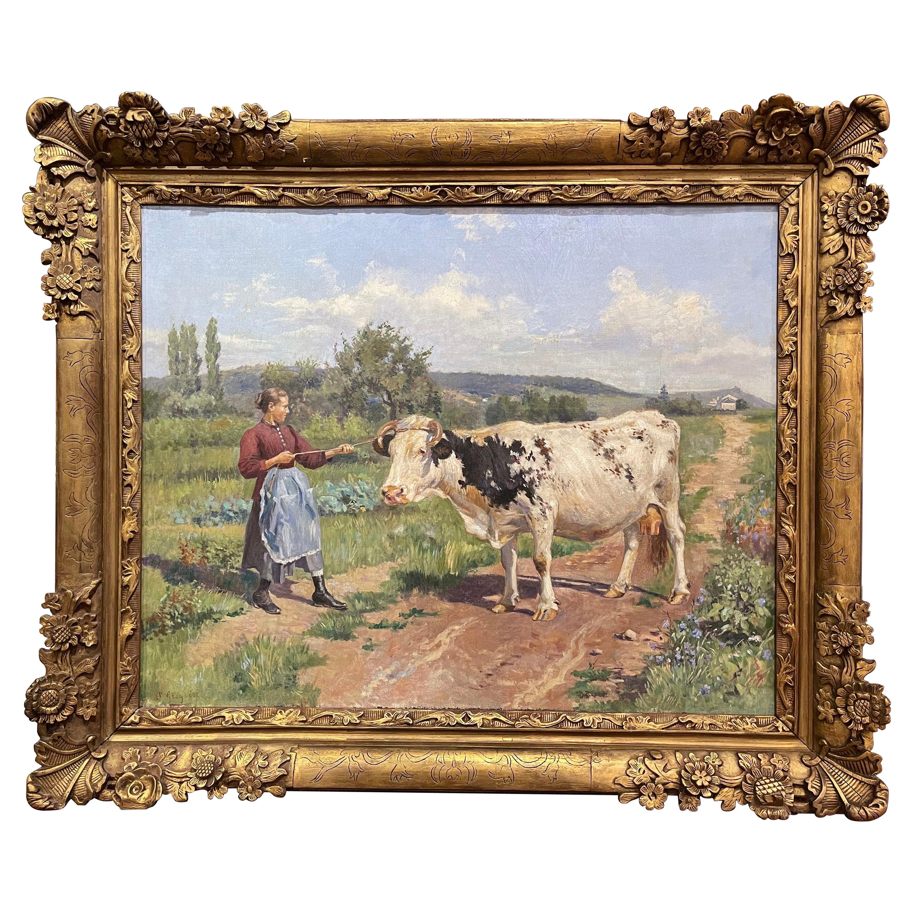 19th Century French Oil on Canvas Cow Painting in Carved Frame Signed Gregoire