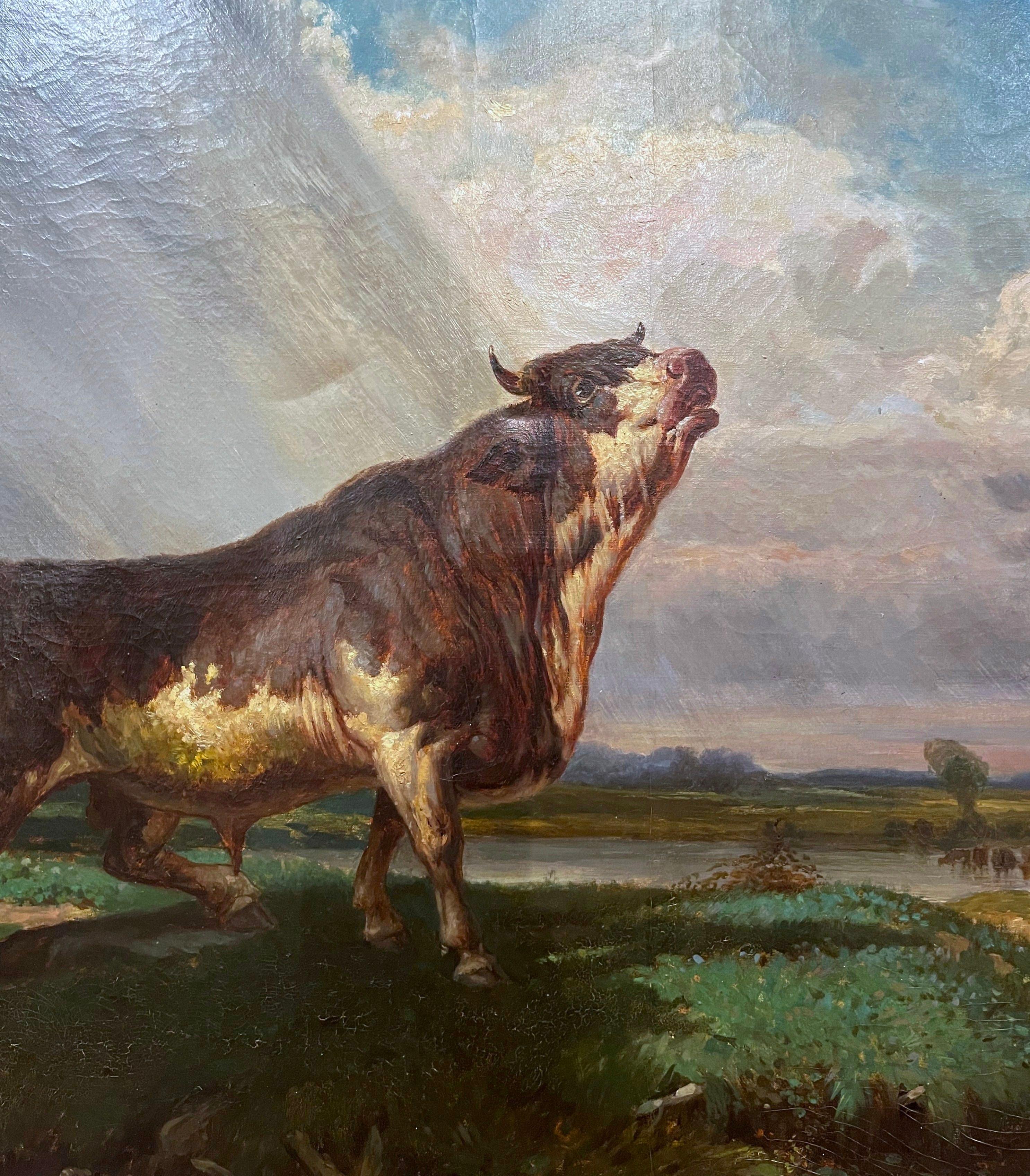 19th Century French Oil on Canvas Cow Painting in Carved Gilt Frame In Excellent Condition In Dallas, TX