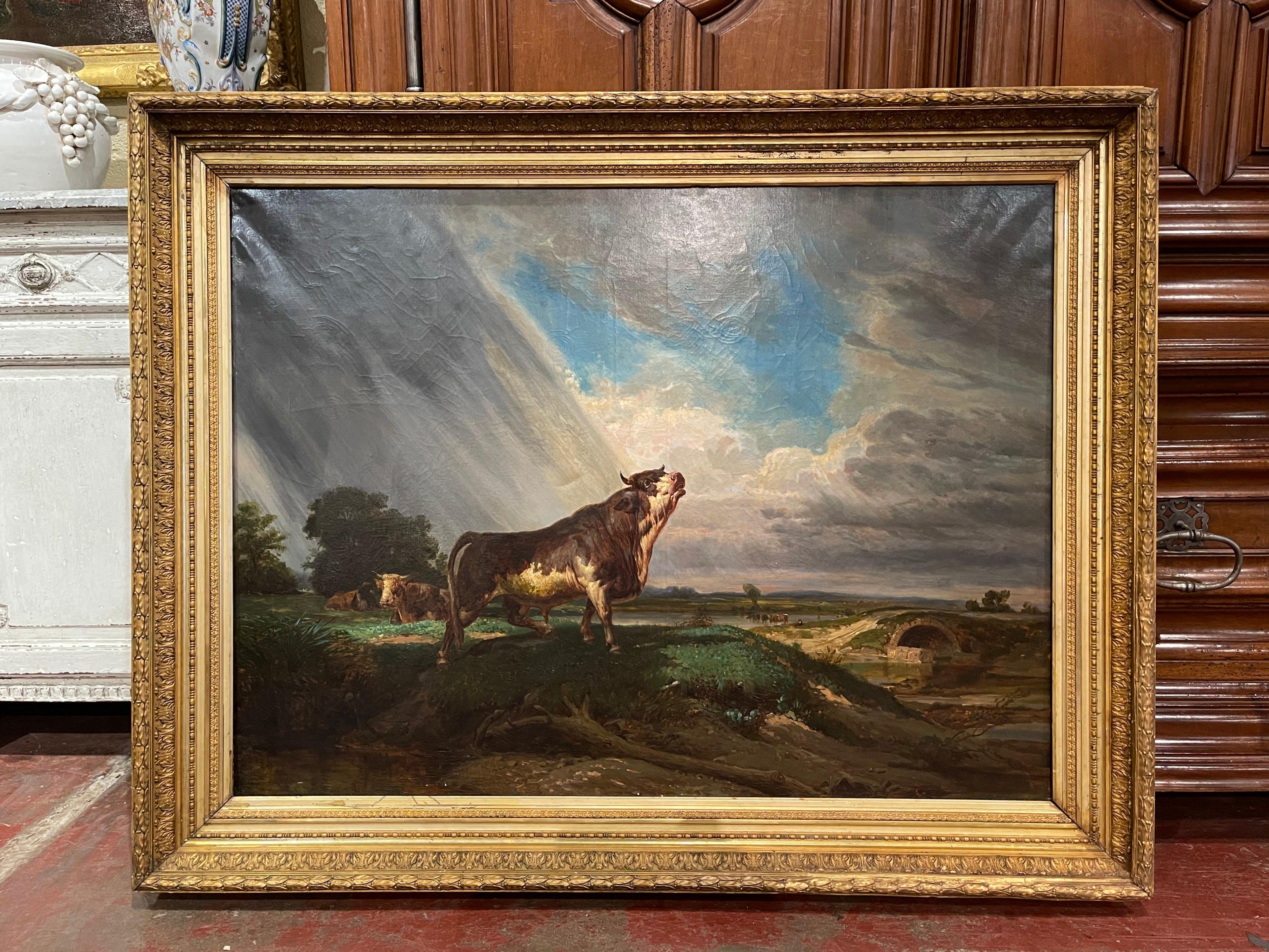 19th Century French Oil on Canvas Cow Painting in Carved Gilt Frame 1