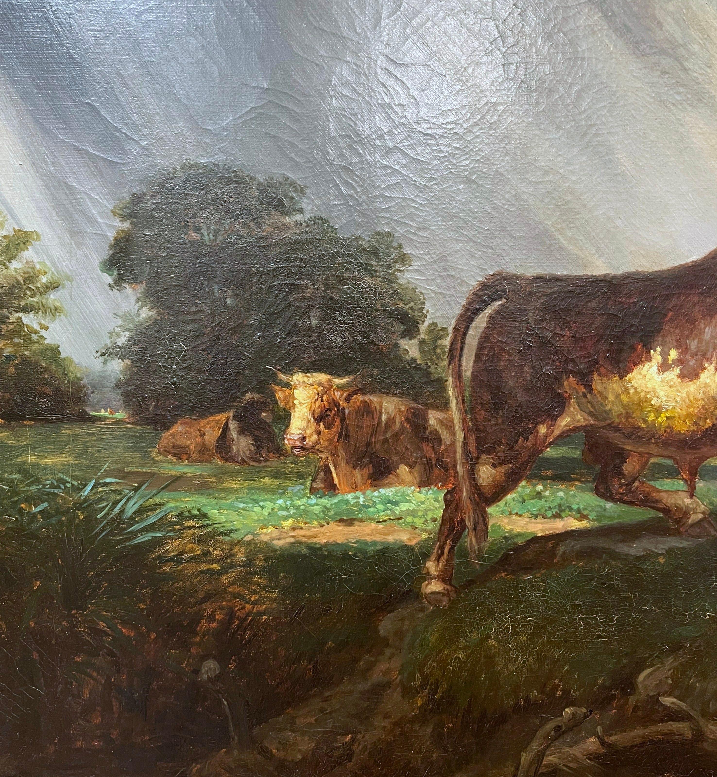 19th Century French Oil on Canvas Cow Painting in Carved Gilt Frame 3