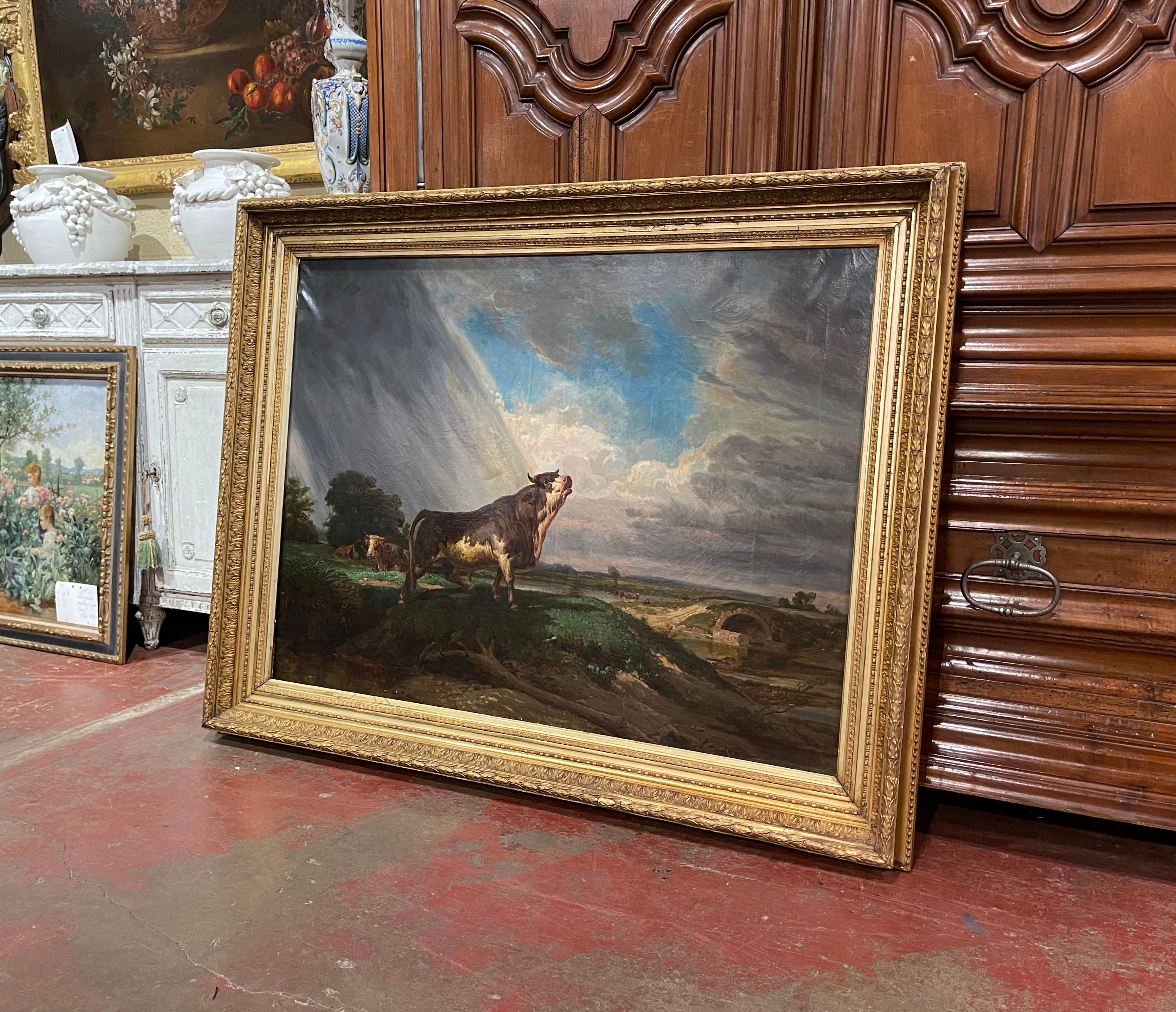19th Century French Oil on Canvas Cow Painting in Carved Gilt Frame 4