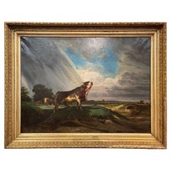 19th Century French Oil on Canvas Cow Painting in Carved Gilt Frame