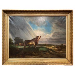 Antique 19th Century French Oil on Canvas Cow Painting in Carved Gilt Frame