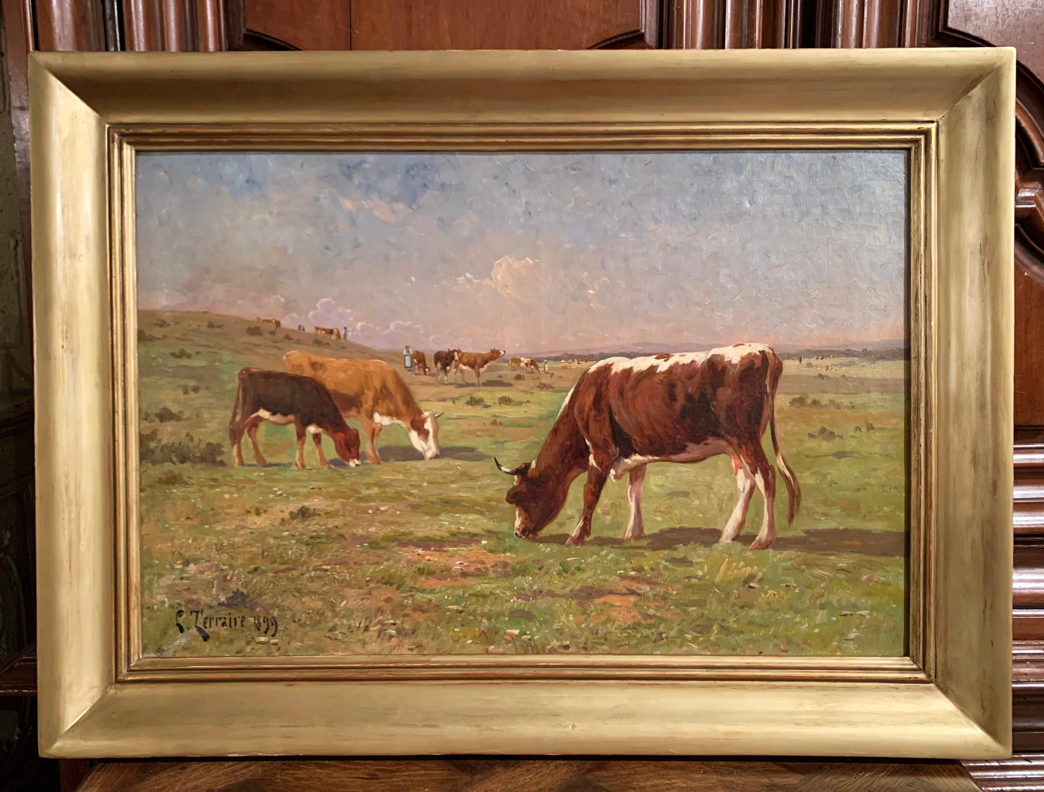 19th Century French Oil on Canvas Cow Painting Signed Terraire Dated 1899 1