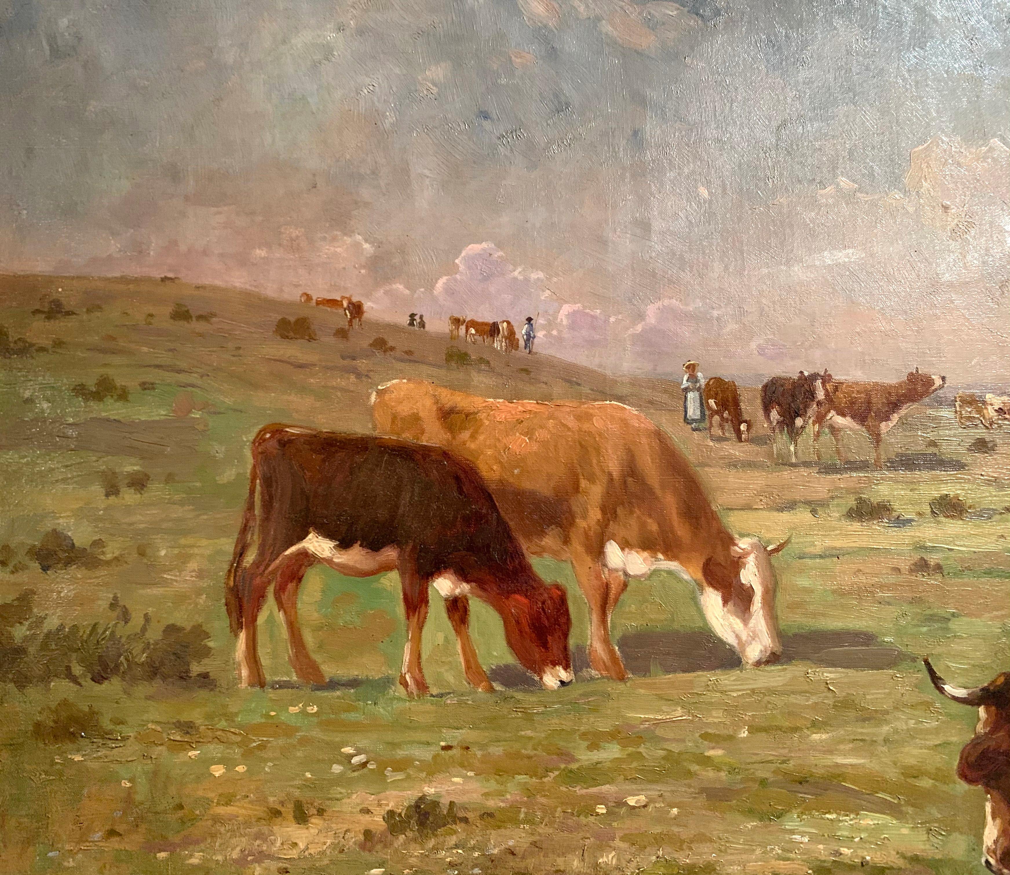 19th Century French Oil on Canvas Cow Painting Signed Terraire Dated 1899 2