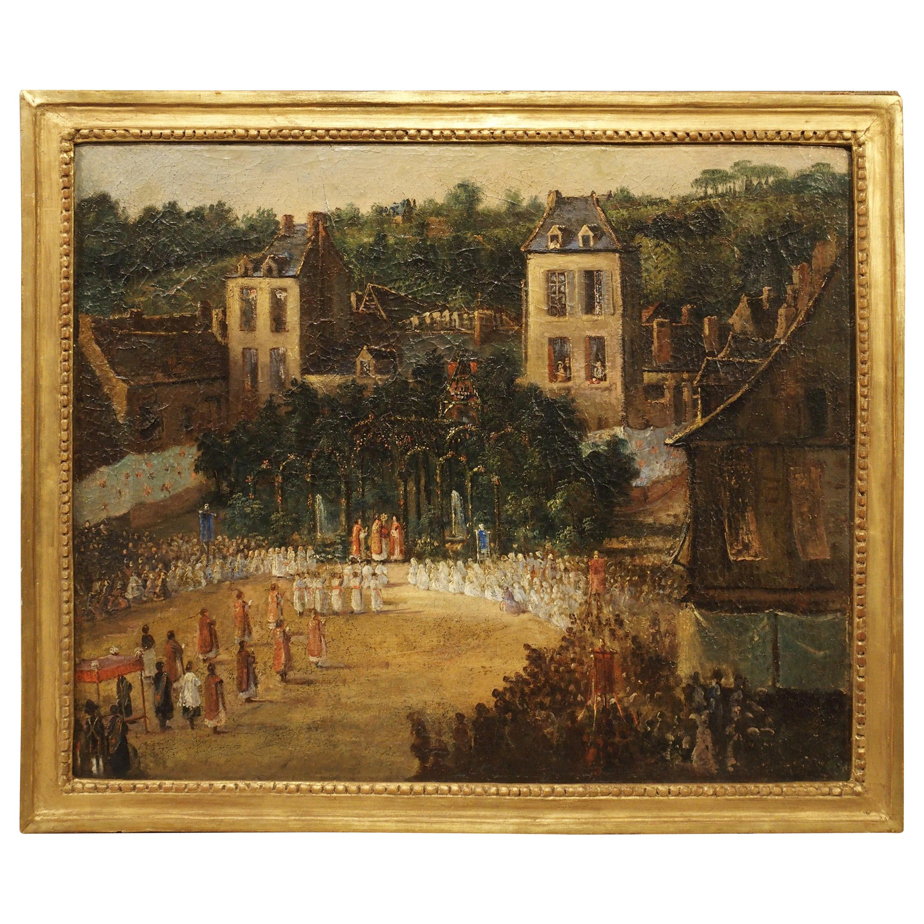 19th Century French Oil On Canvas Depicting a Religious Ceremony