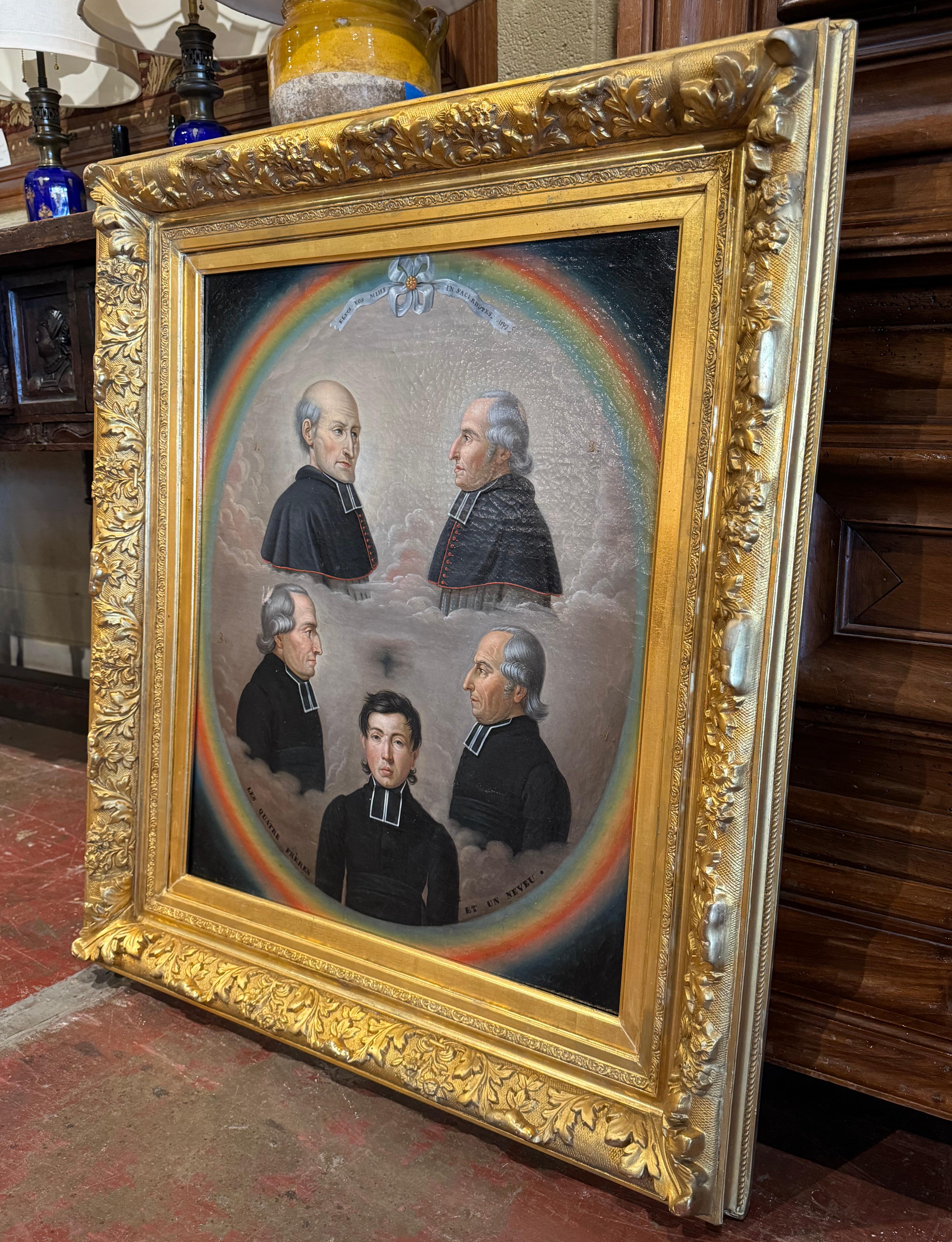 Decorate a study or office with this elegant antique oil painting. Painted in France and dated 1862, the canvas is set in an important carved giltwood frame. The subject matter depicts five portraits of a priest family titled 
