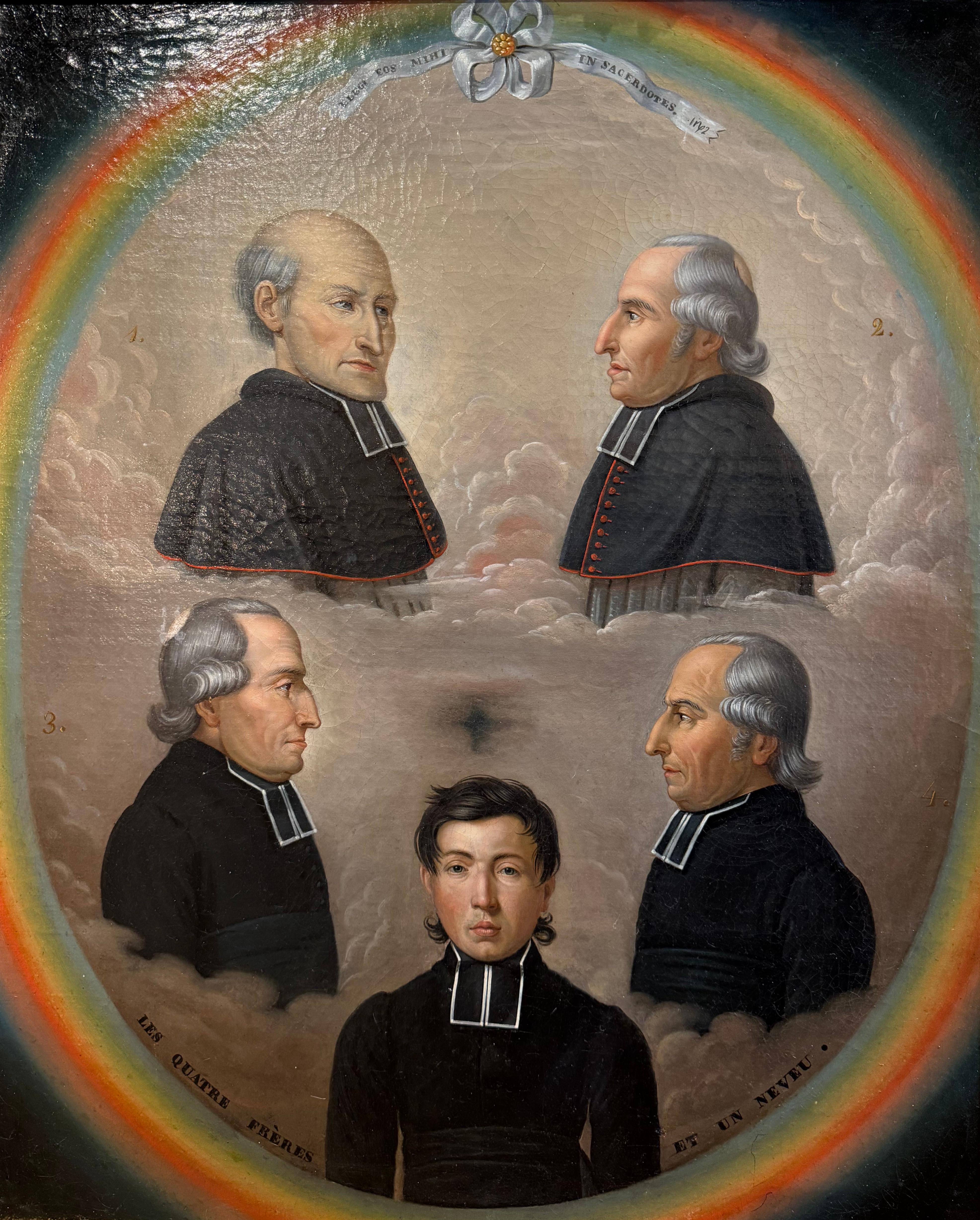Carved 19th Century French Oil on Canvas Family Priest Portraits Painting in Gilt Frame For Sale