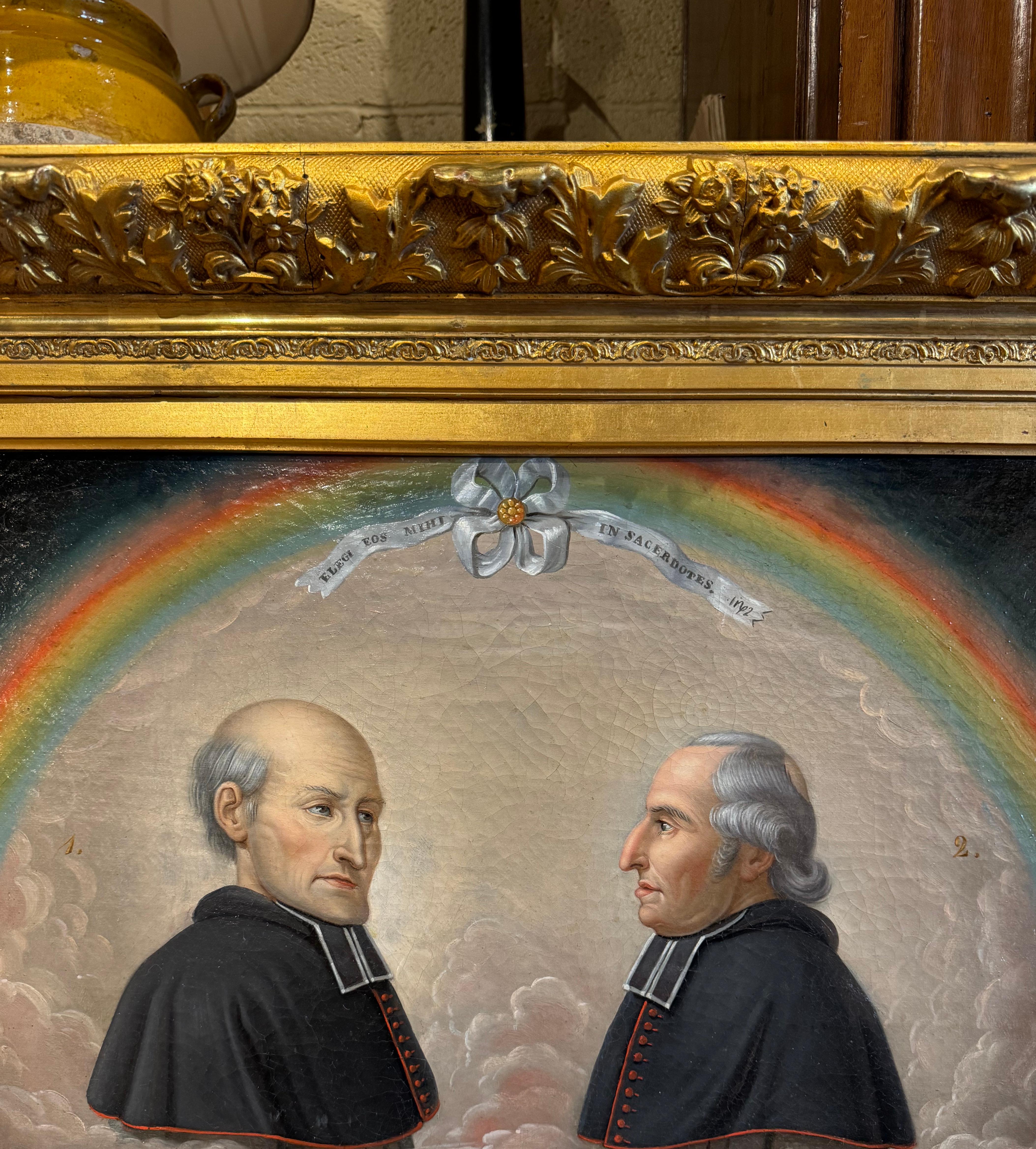 19th Century French Oil on Canvas Family Priest Portraits Painting in Gilt Frame In Excellent Condition For Sale In Dallas, TX