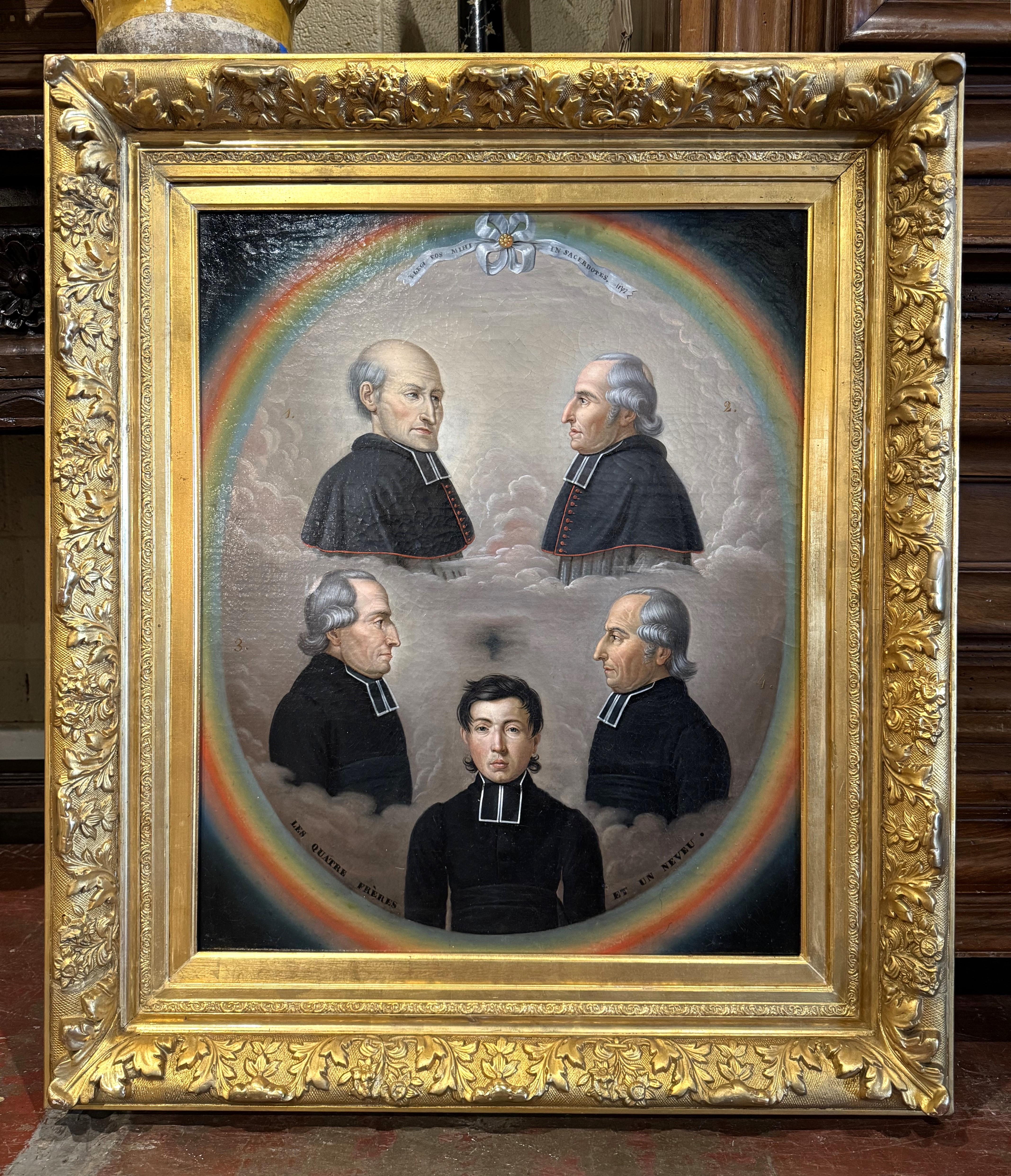 19th Century French Oil on Canvas Family Priest Portraits Painting in Gilt Frame For Sale 1