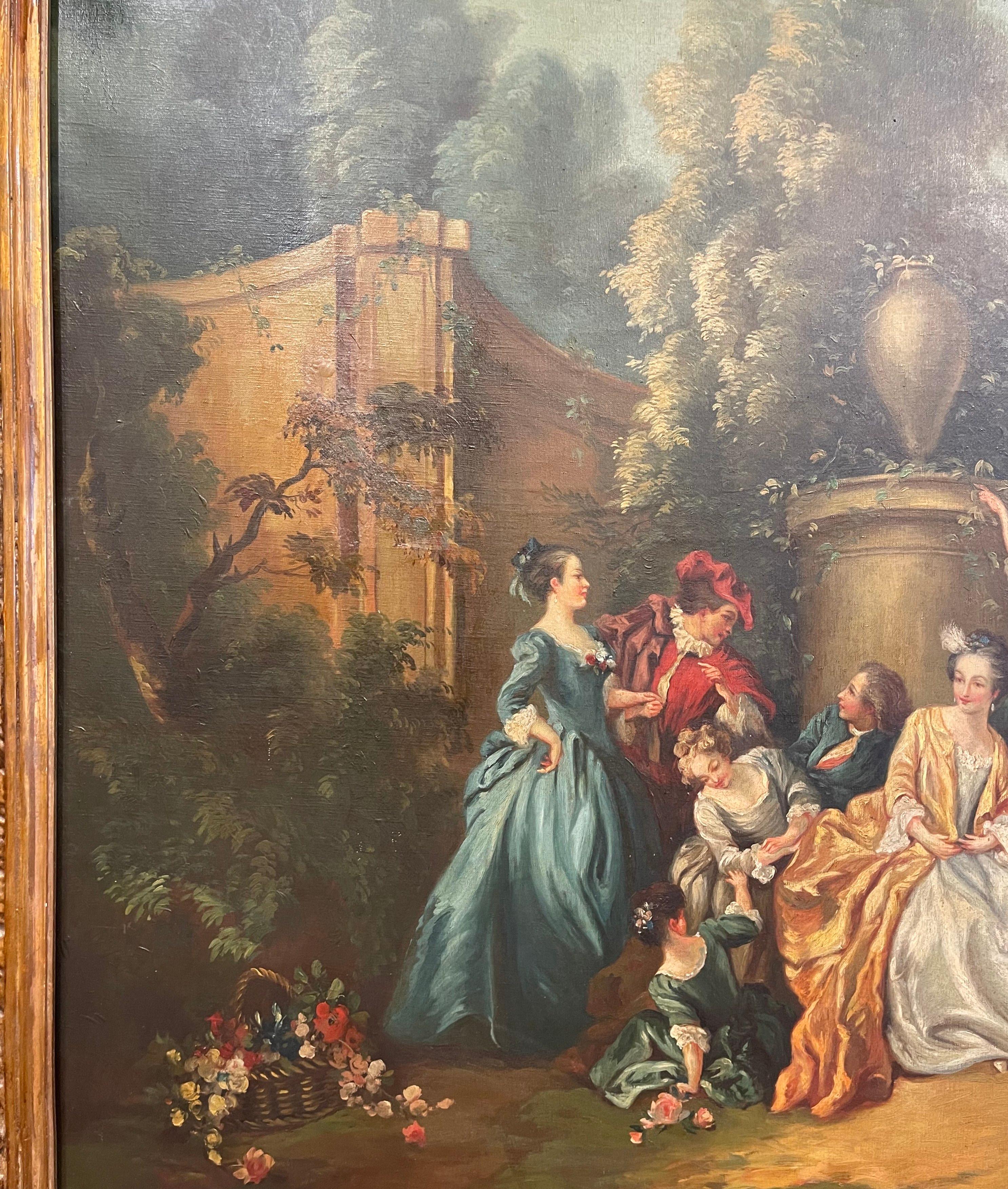 Französisches Ölgemälde auf Leinwand „Fete Galante“, Gemälde nach J.B., 19. Jahrhundert Pater (Handgeschnitzt) im Angebot