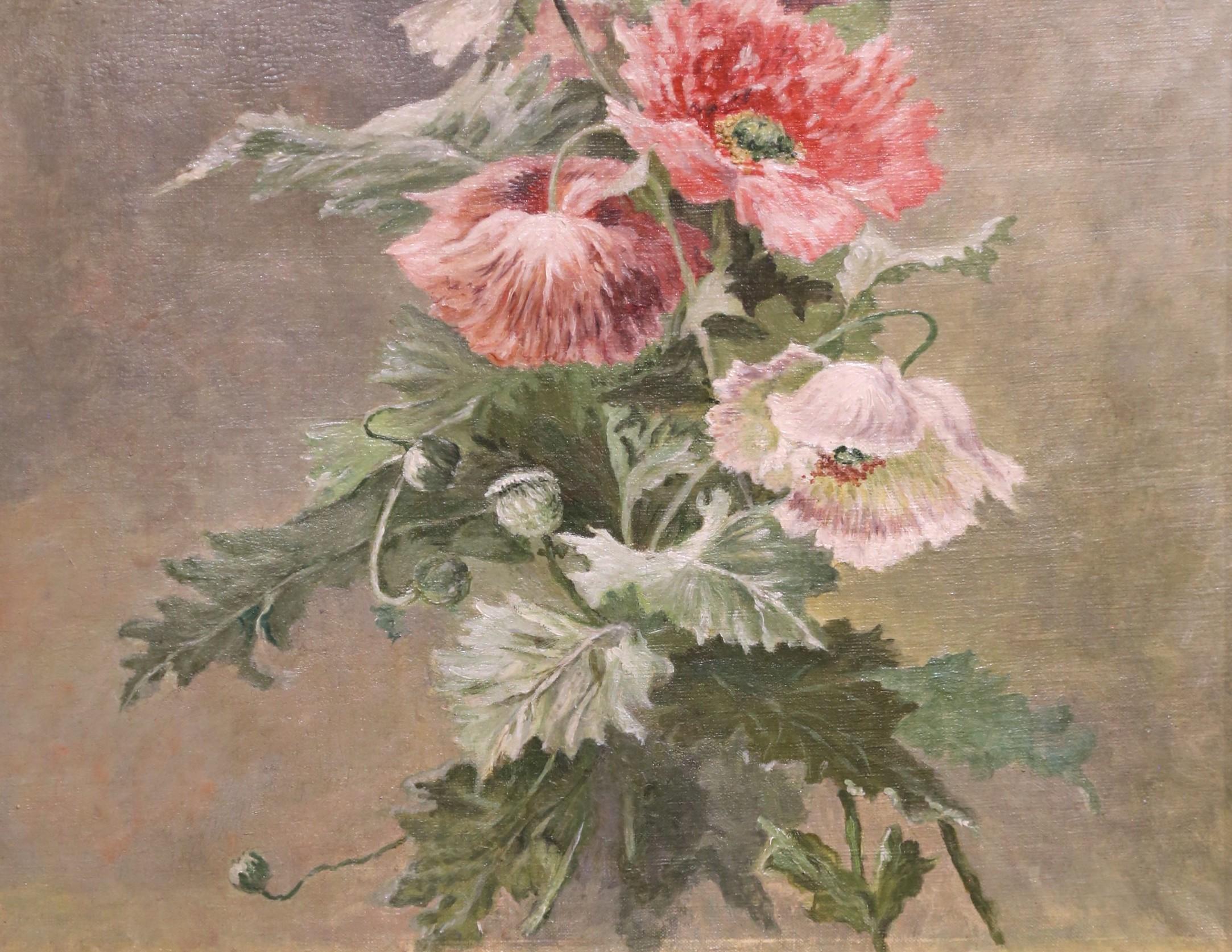 Peinture florale à l'huile sur toile du XIXe siècle dans un cadre en bois sculpté et doré Excellent état - En vente à Dallas, TX