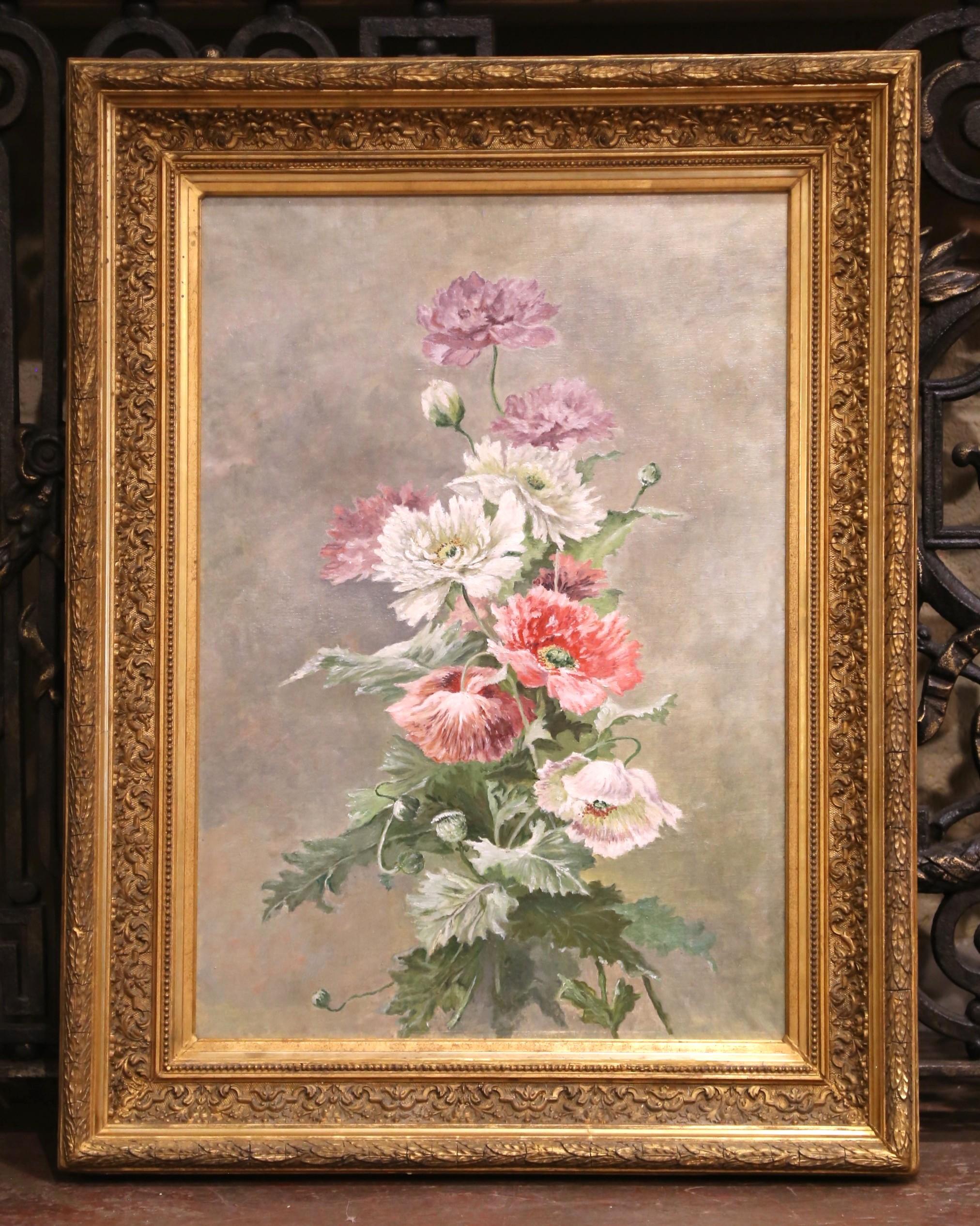 Bois doré Peinture florale à l'huile sur toile du XIXe siècle dans un cadre en bois sculpté et doré en vente