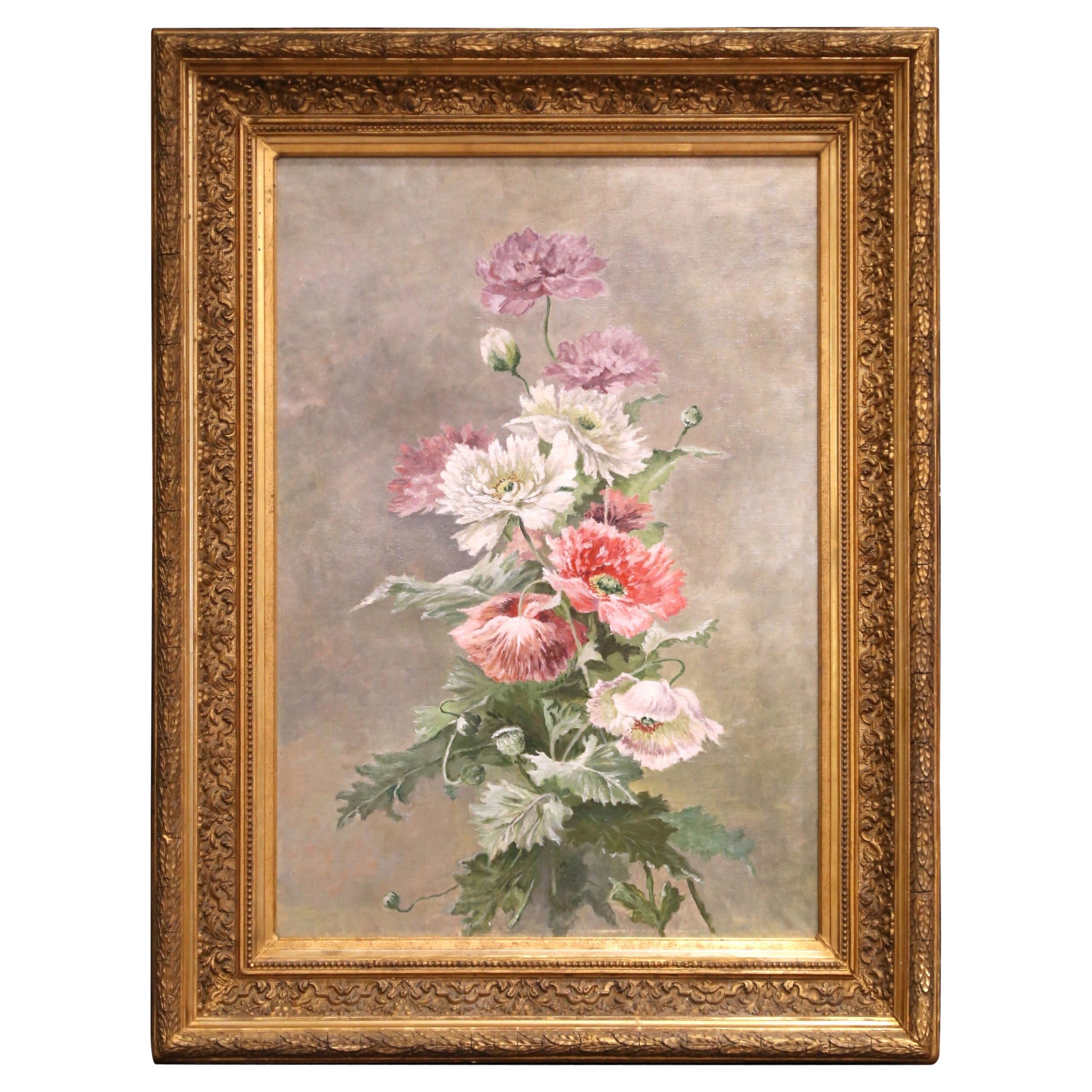 Peinture florale à l'huile sur toile du XIXe siècle dans un cadre en bois sculpté et doré