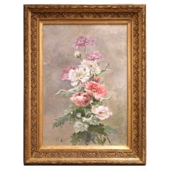 Peinture florale à l'huile sur toile du XIXe siècle dans un cadre en bois sculpté et doré