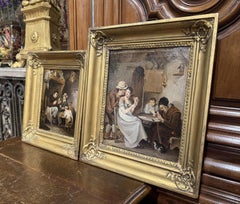 19th Century French Oil on Canvas Genre Paintings in Giltwood Frames, Set of Two