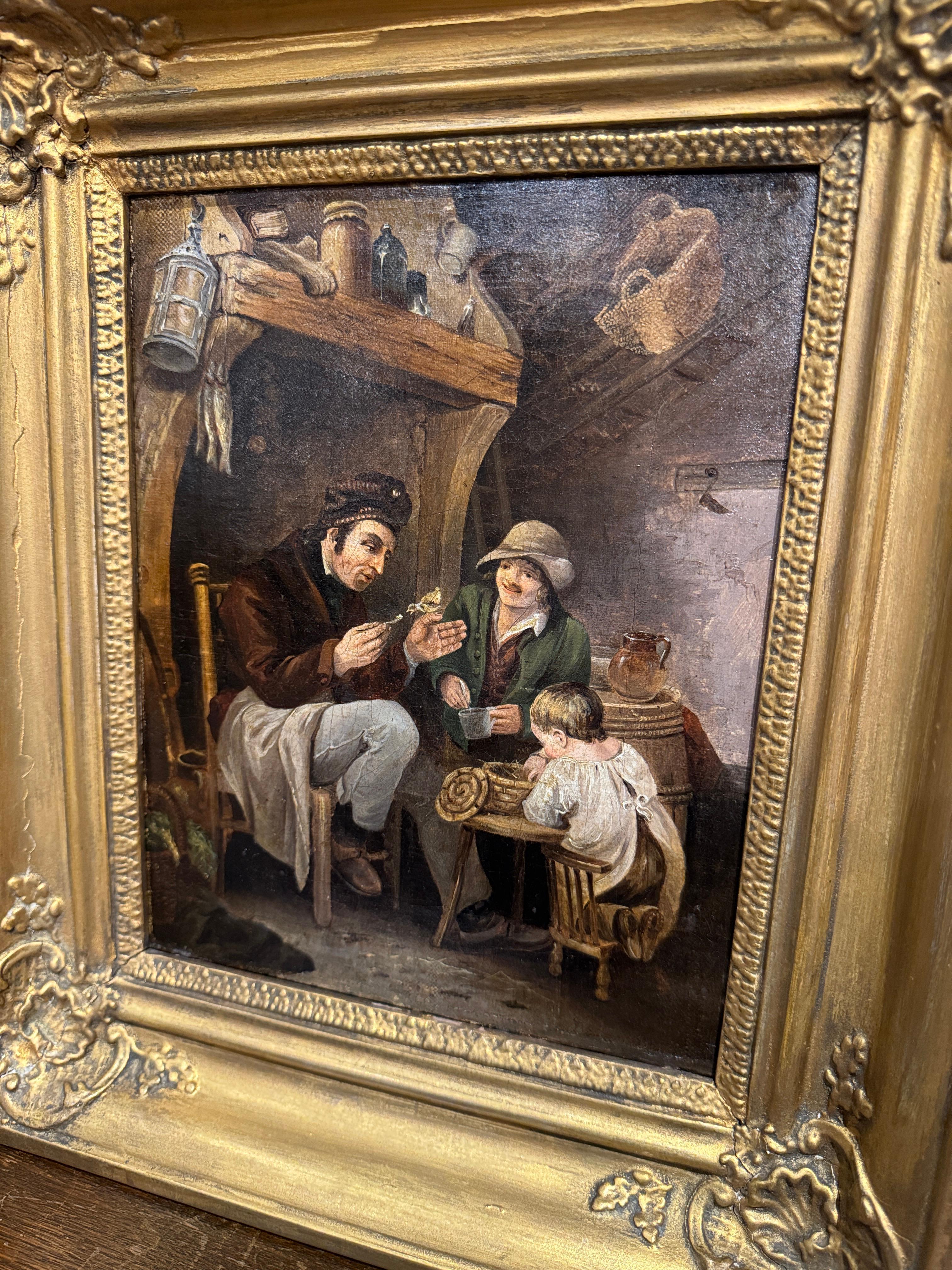Set von zwei französischen Gemälden, Öl auf Leinwand, Genregemälde in vergoldeten Holzrahmen, 19. Jahrhundert (Französisch) im Angebot