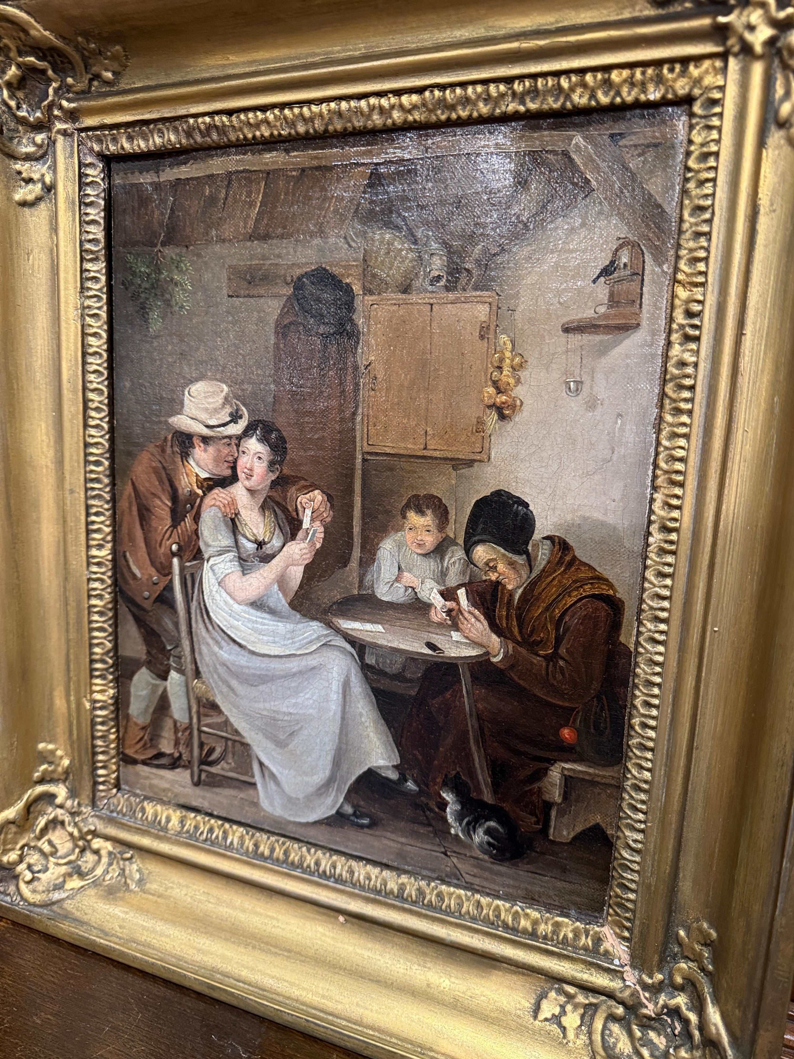 Set von zwei französischen Gemälden, Öl auf Leinwand, Genregemälde in vergoldeten Holzrahmen, 19. Jahrhundert (Handgeschnitzt) im Angebot